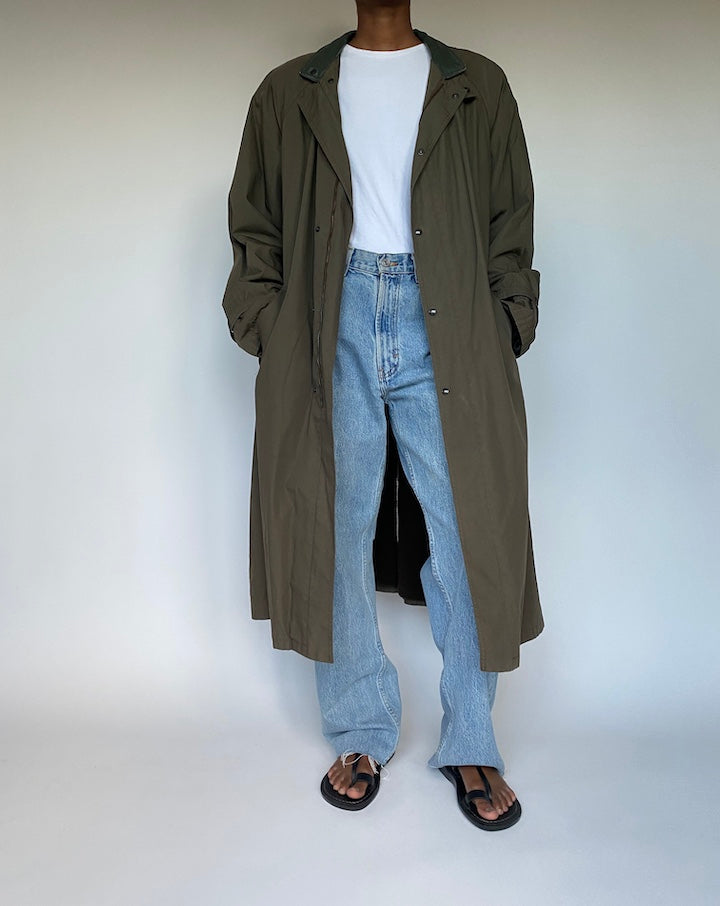 VINTAGE LONG DARK GREEN TRENCH COAT 3598