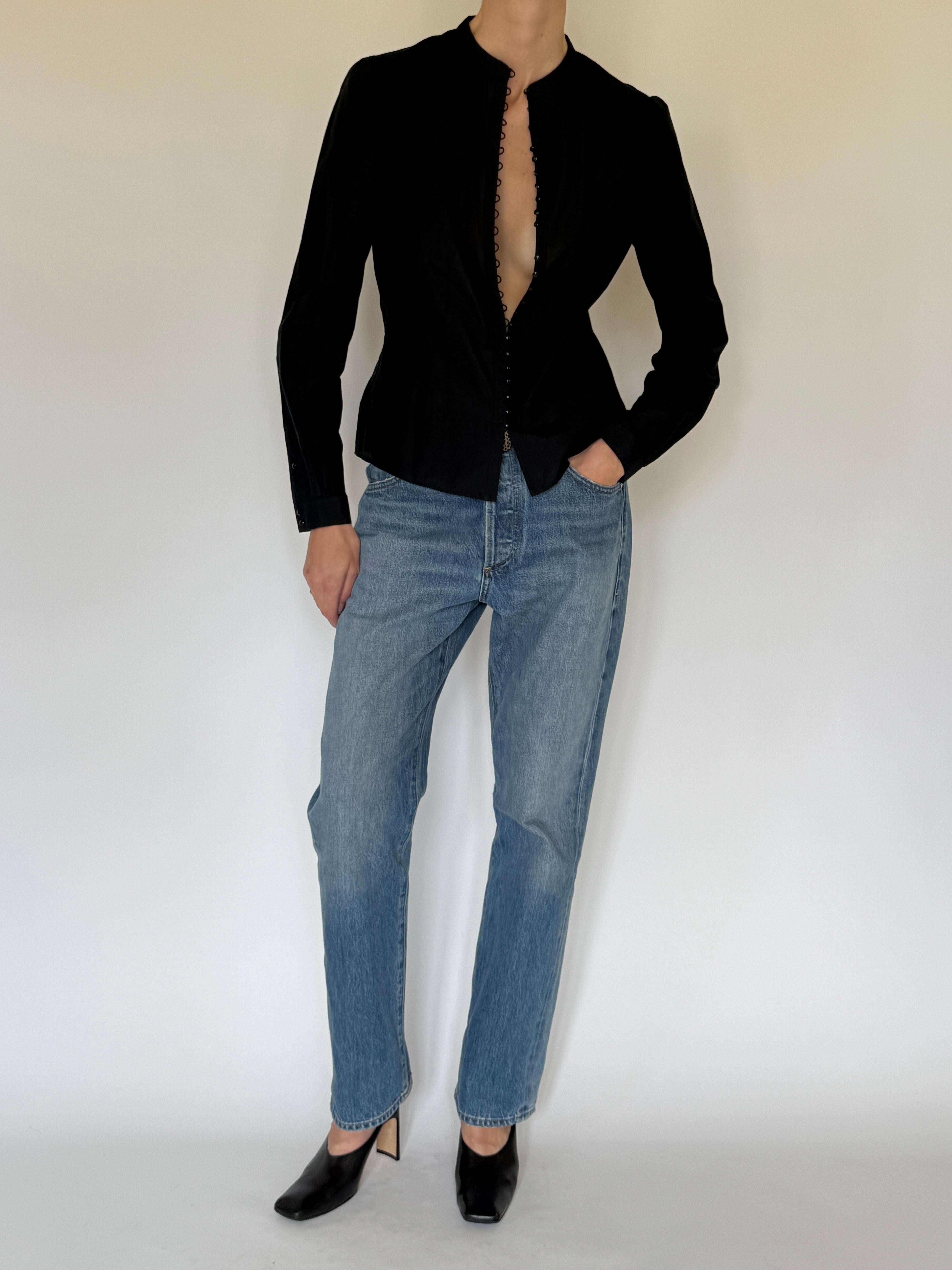 Vintage black button-front tailored blouse front view