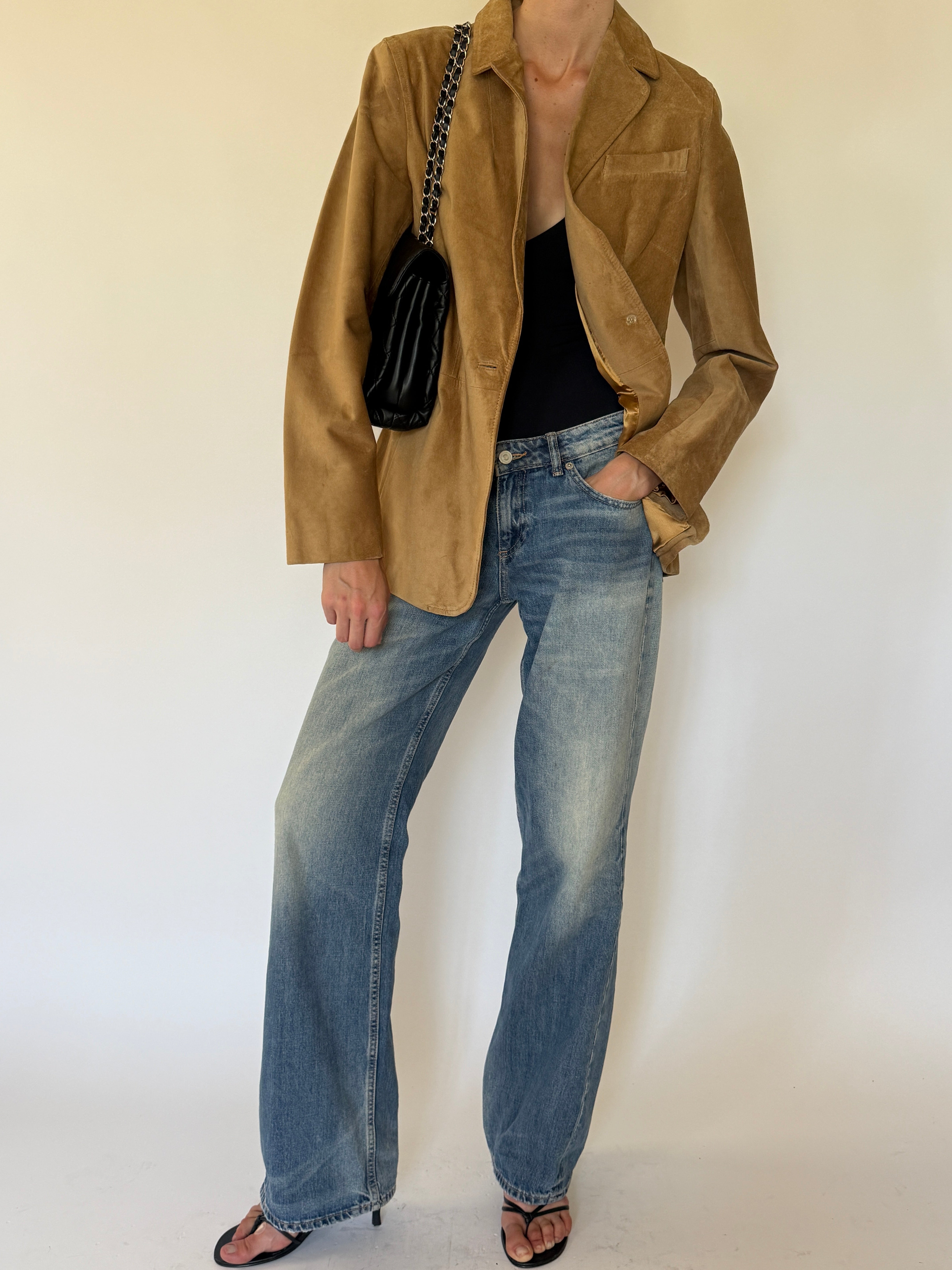 Vintage camel suede leather jacket front view