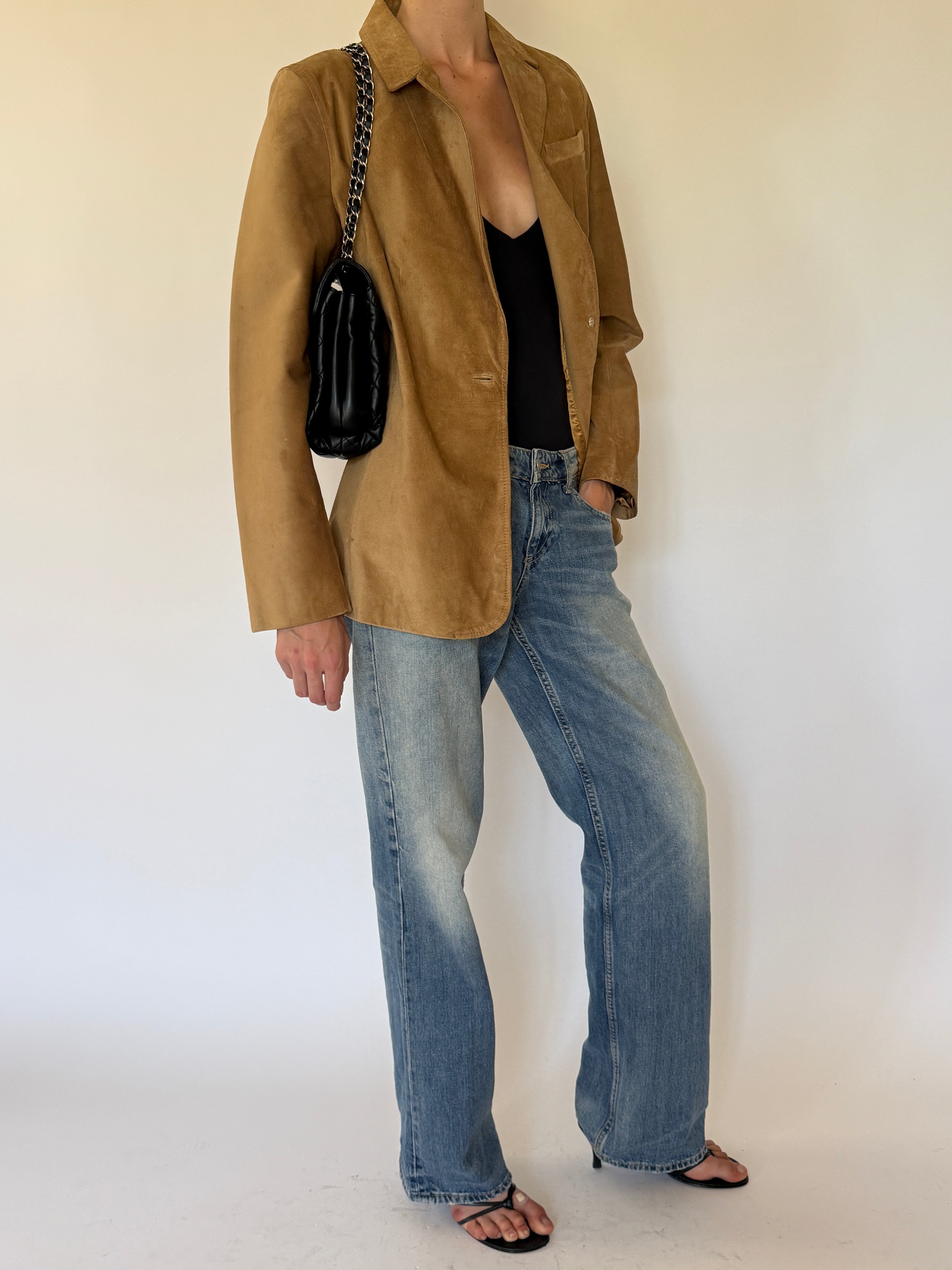 Vintage camel suede leather jacket side view