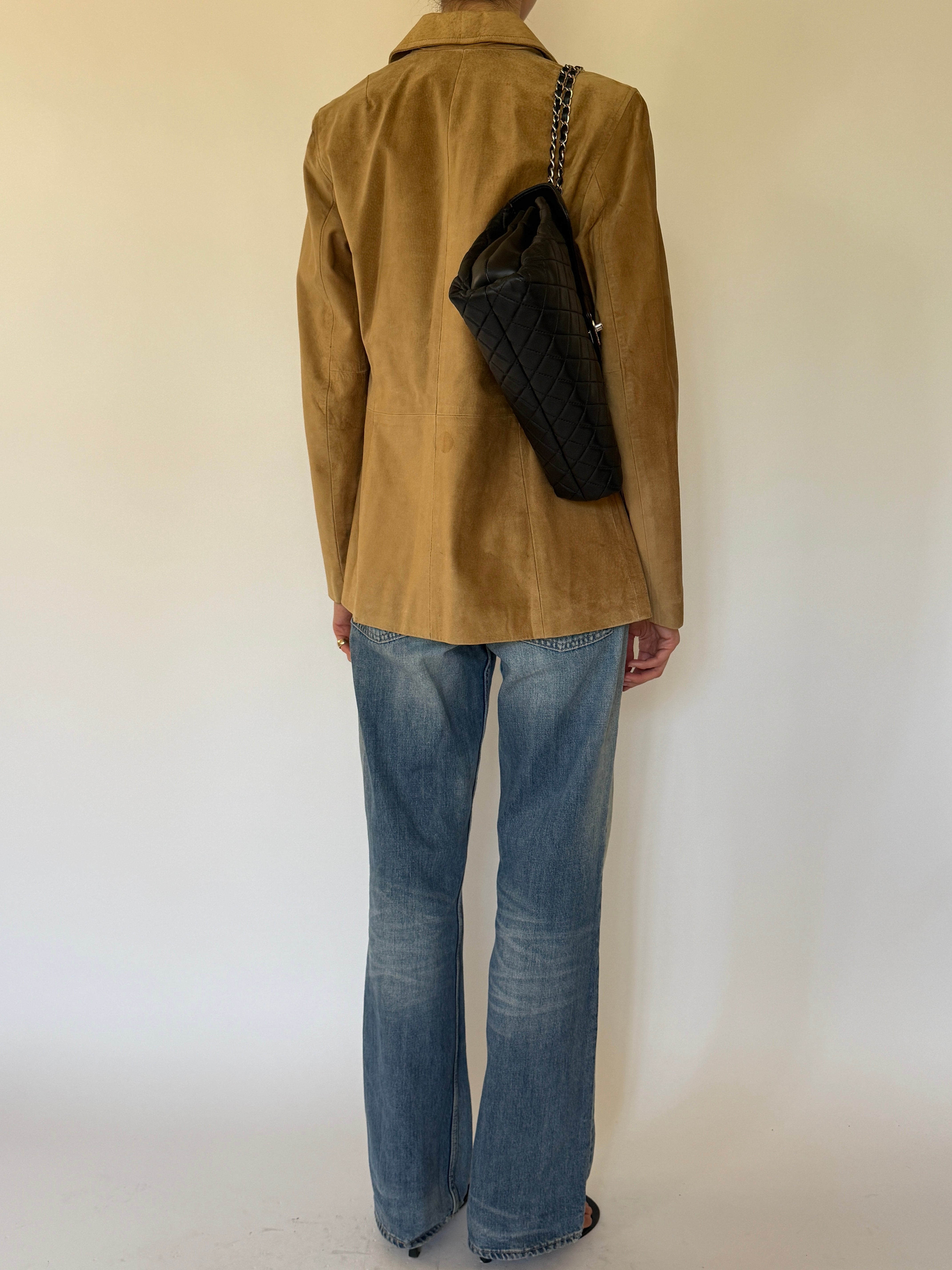 Vintage camel suede leather jacket back view