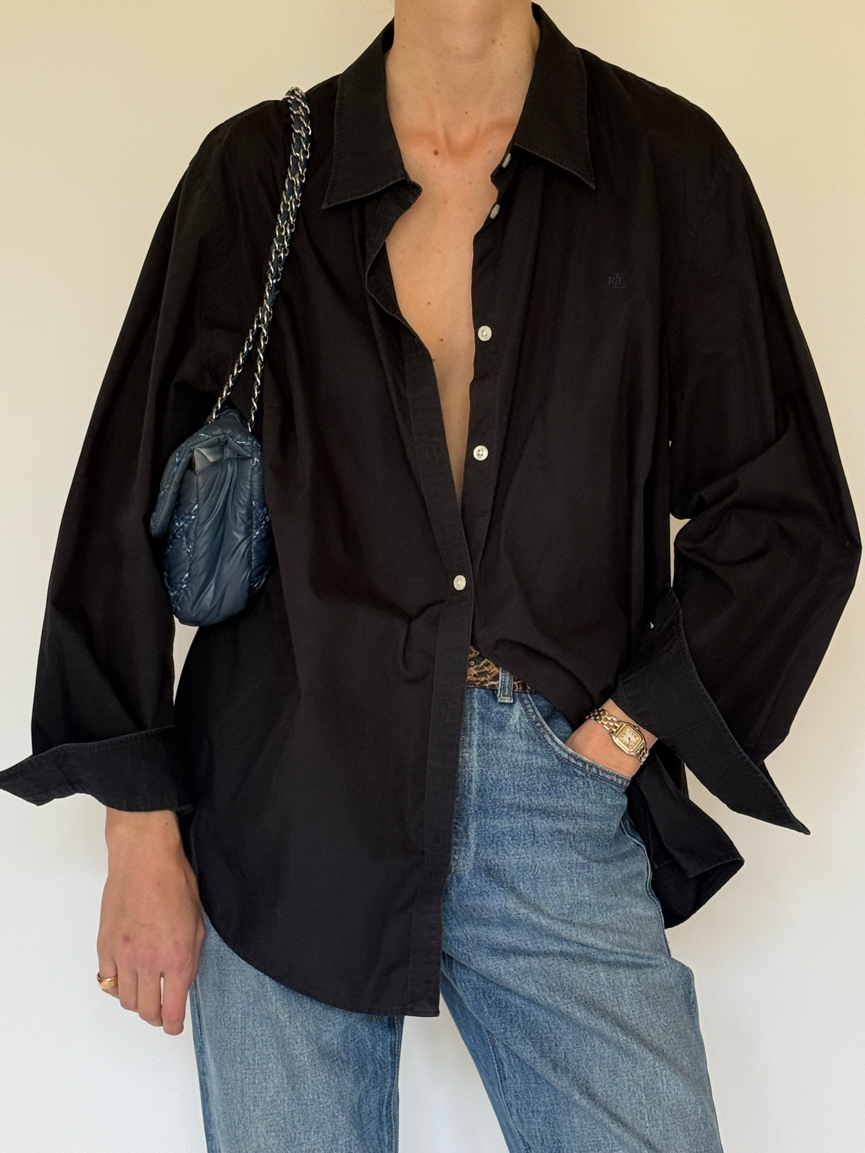 Vintage Ralph Lauren oversized black button-up shirt front view