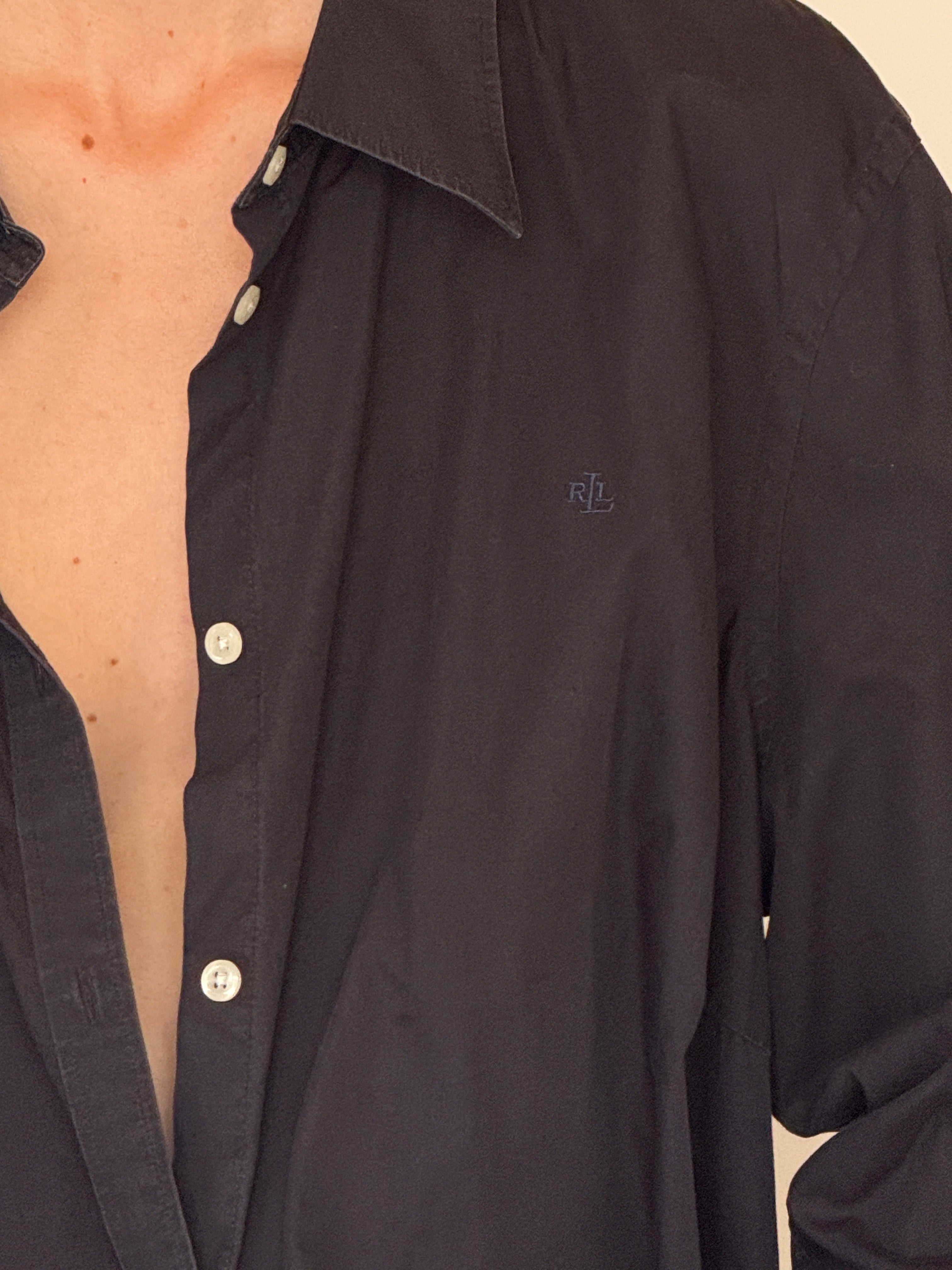 Vintage Ralph Lauren oversized black button-up shirt tonal monogram detail
