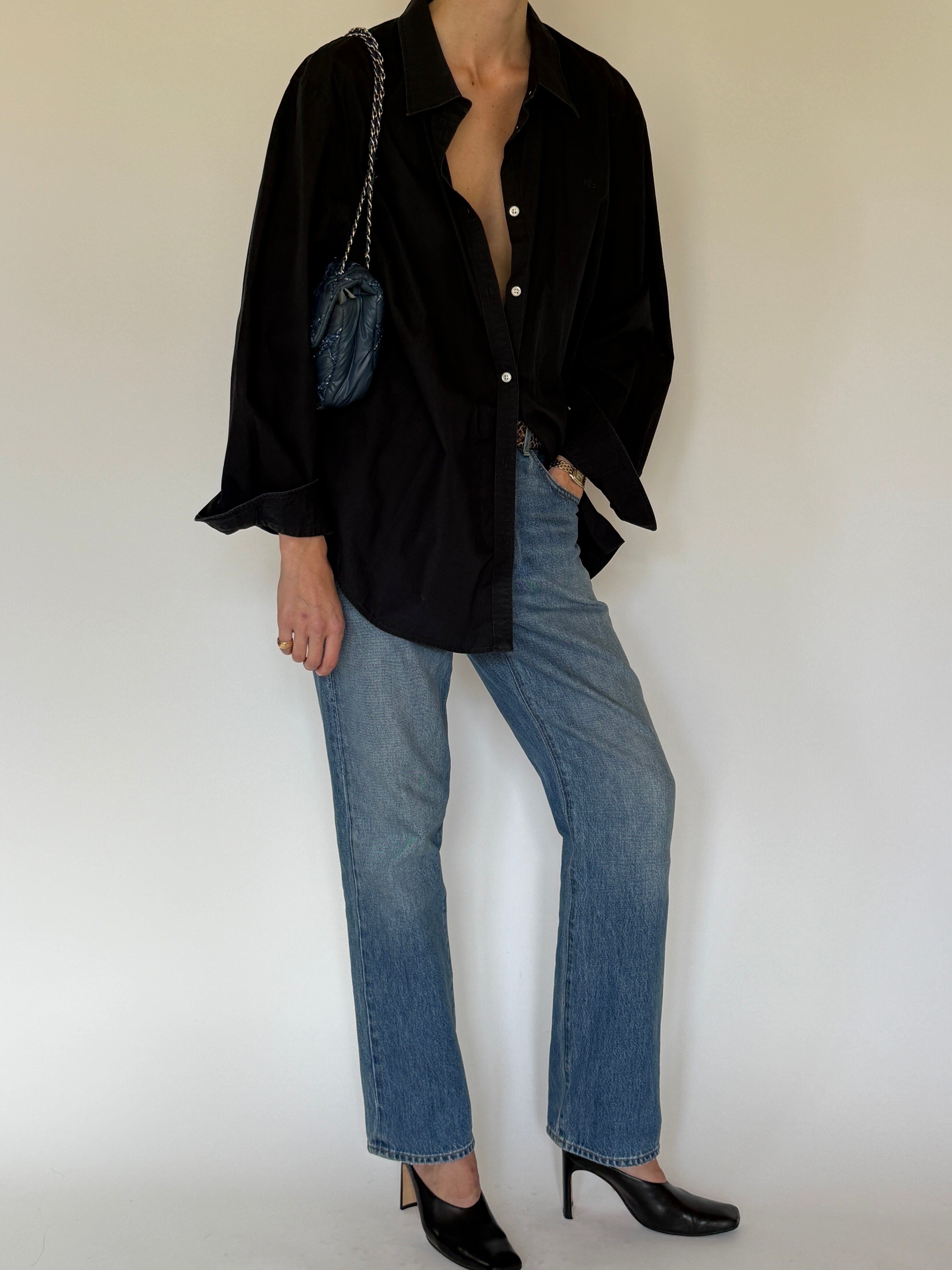 Vintage Ralph Lauren oversized black button-up shirt side view