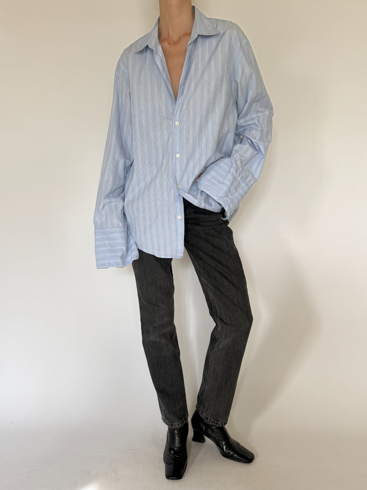 Vintage light blue oversized pinstripe button-up shirt photo 5