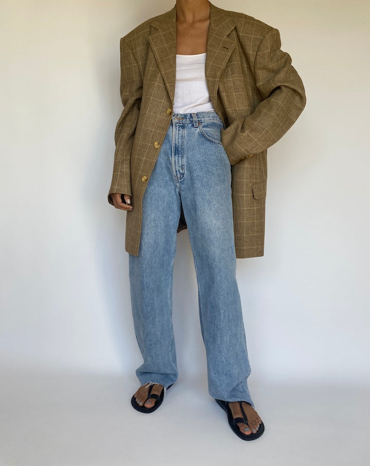 VINTAGE OVERSIZED LONG CHECKED BEIGE BLAZER 3181