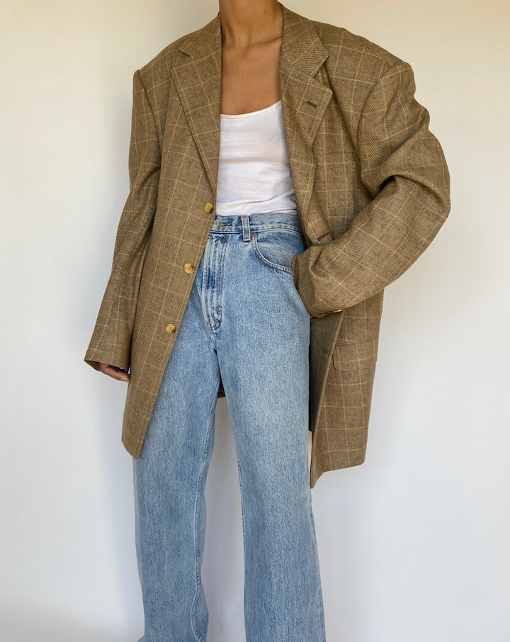 VINTAGE OVERSIZED LONG CHECKED BEIGE BLAZER 3181
