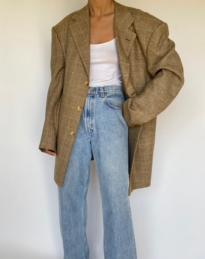 VINTAGE OVERSIZED LONG CHECKED BEIGE BLAZER 3181