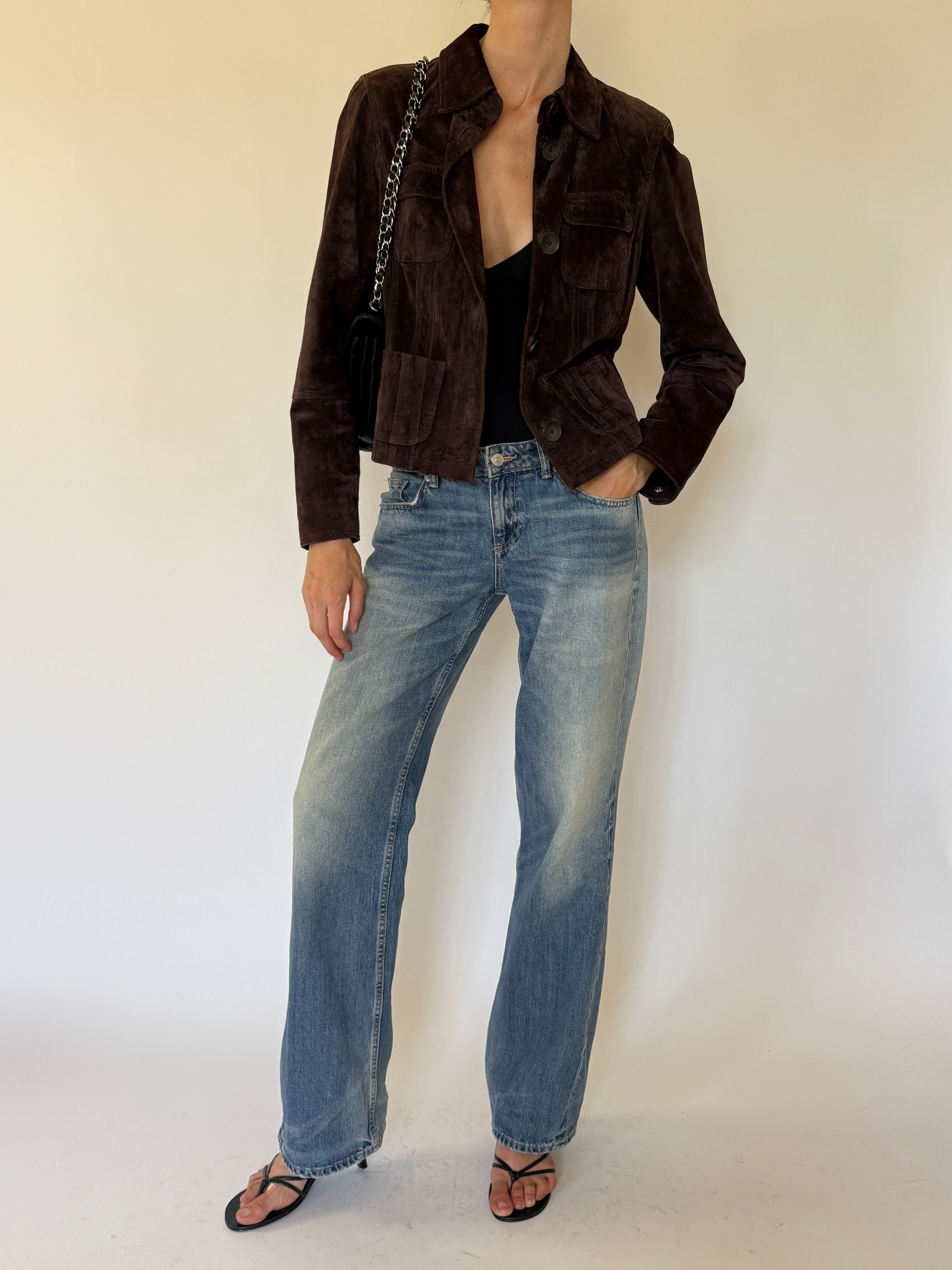 Vintage chocolate brown suede leather jacket front view