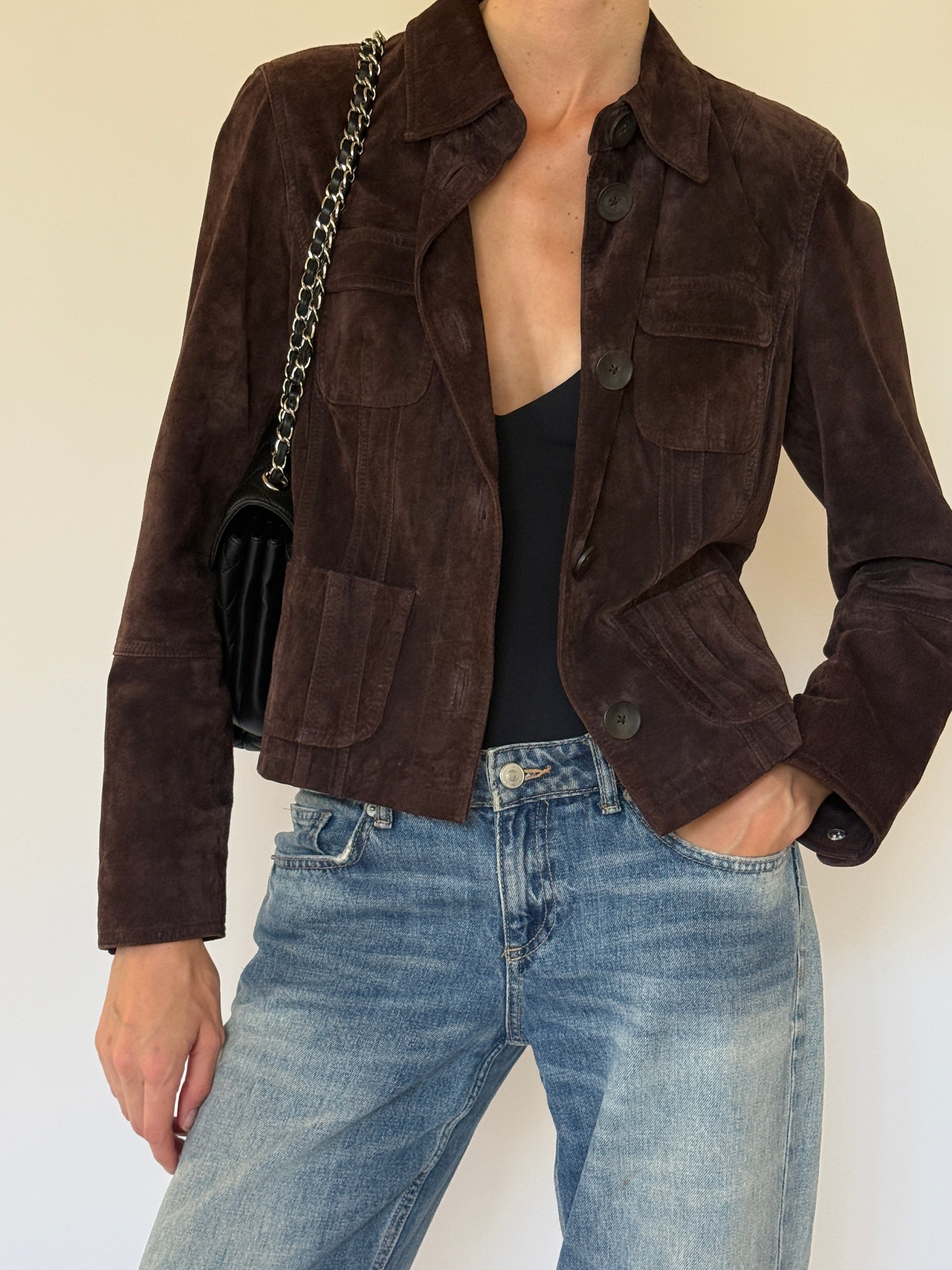Vintage chocolate brown suede leather jacket front view