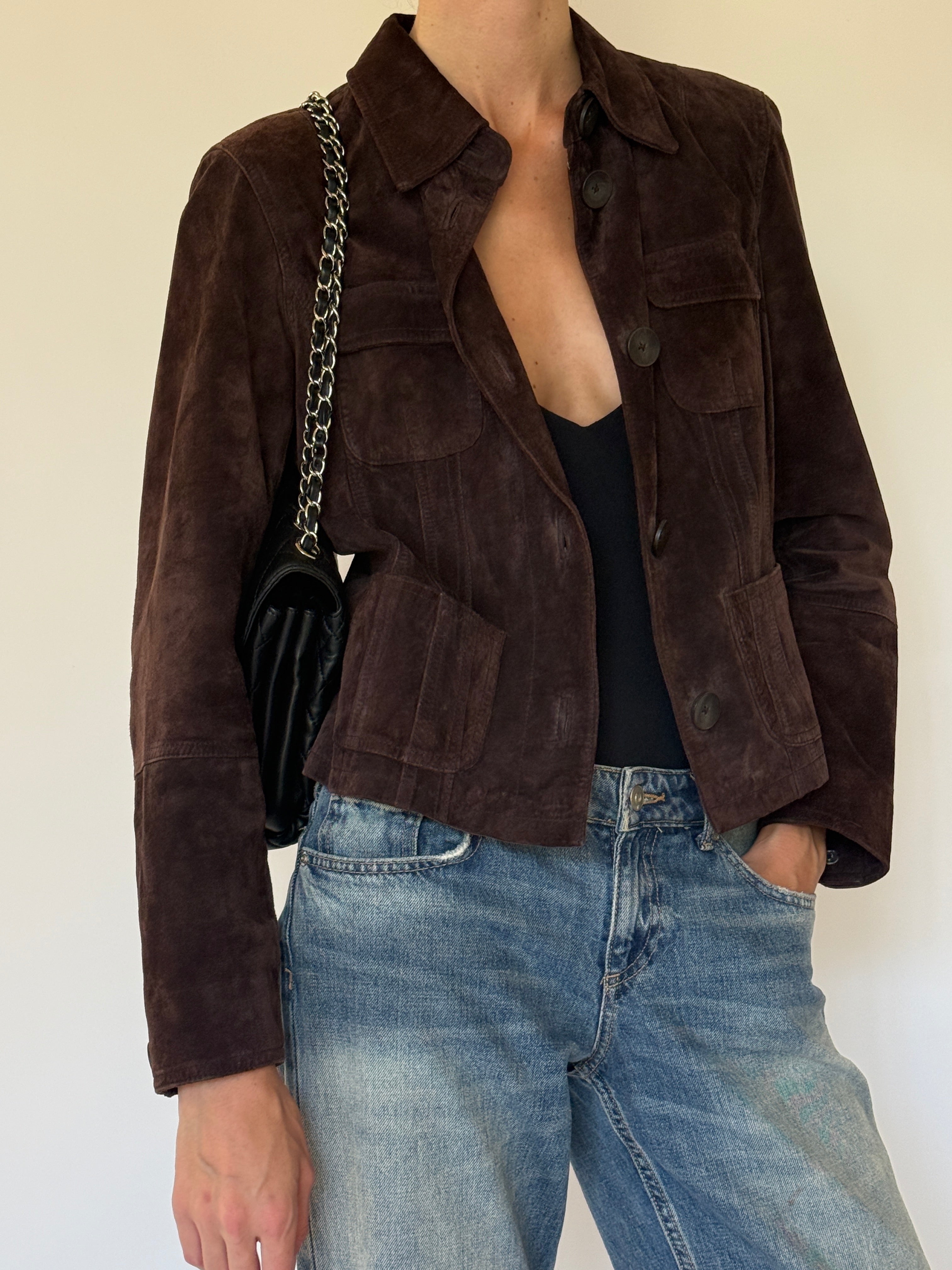 Vintage chocolate brown suede leather jacket front view