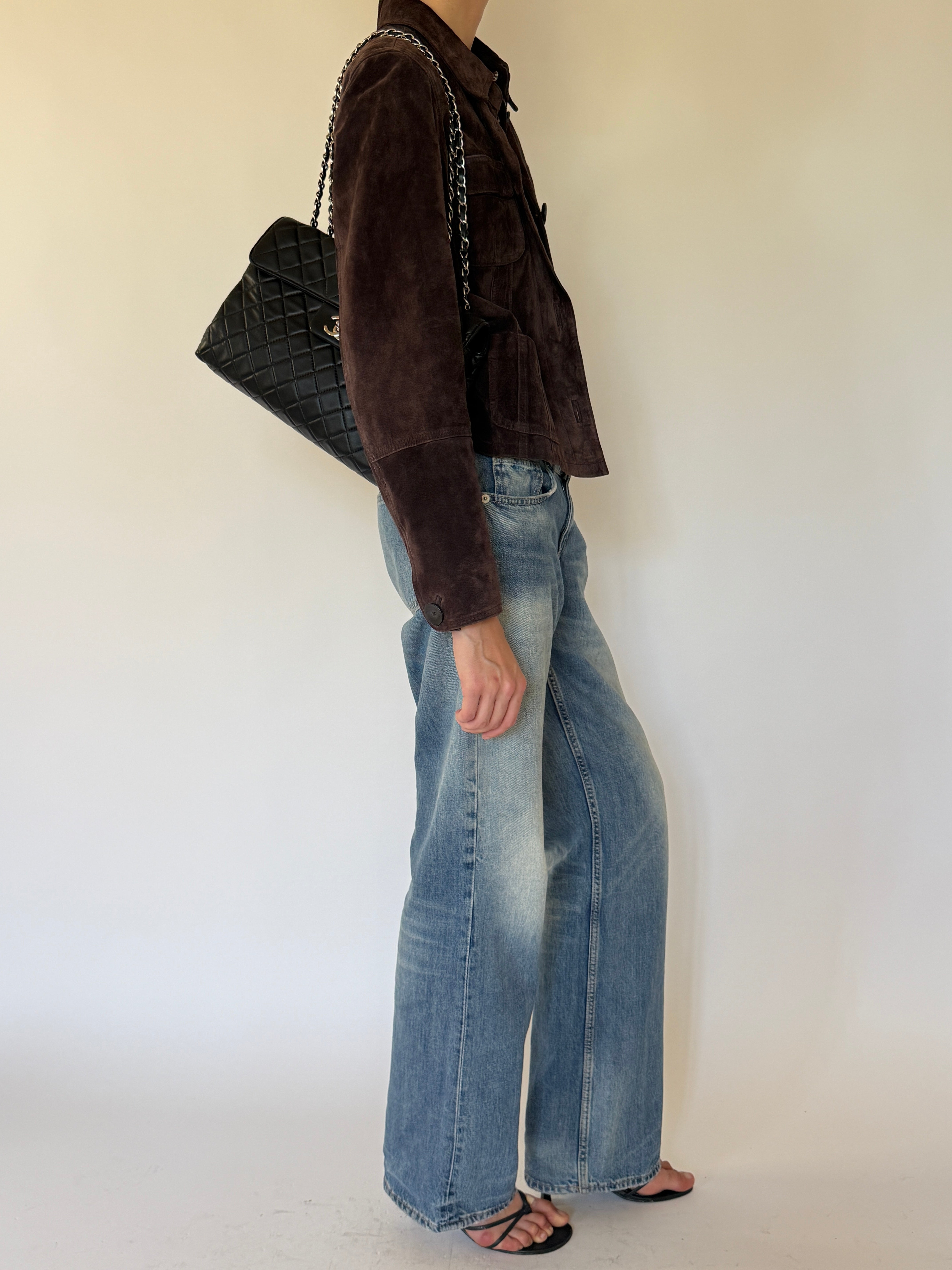 Vintage chocolate brown suede leather jacket side view