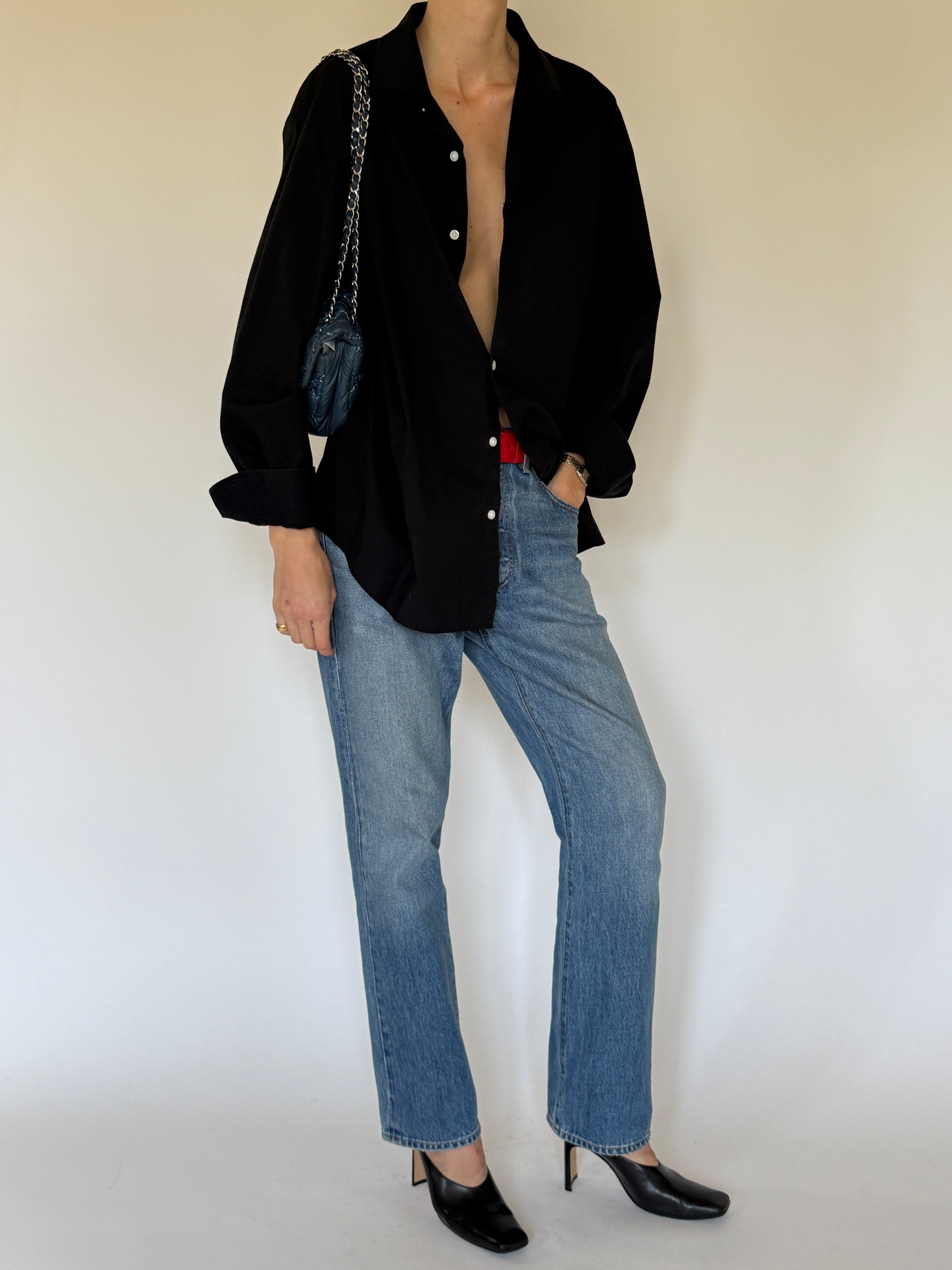 Vintage black cotton button-up shirt front view