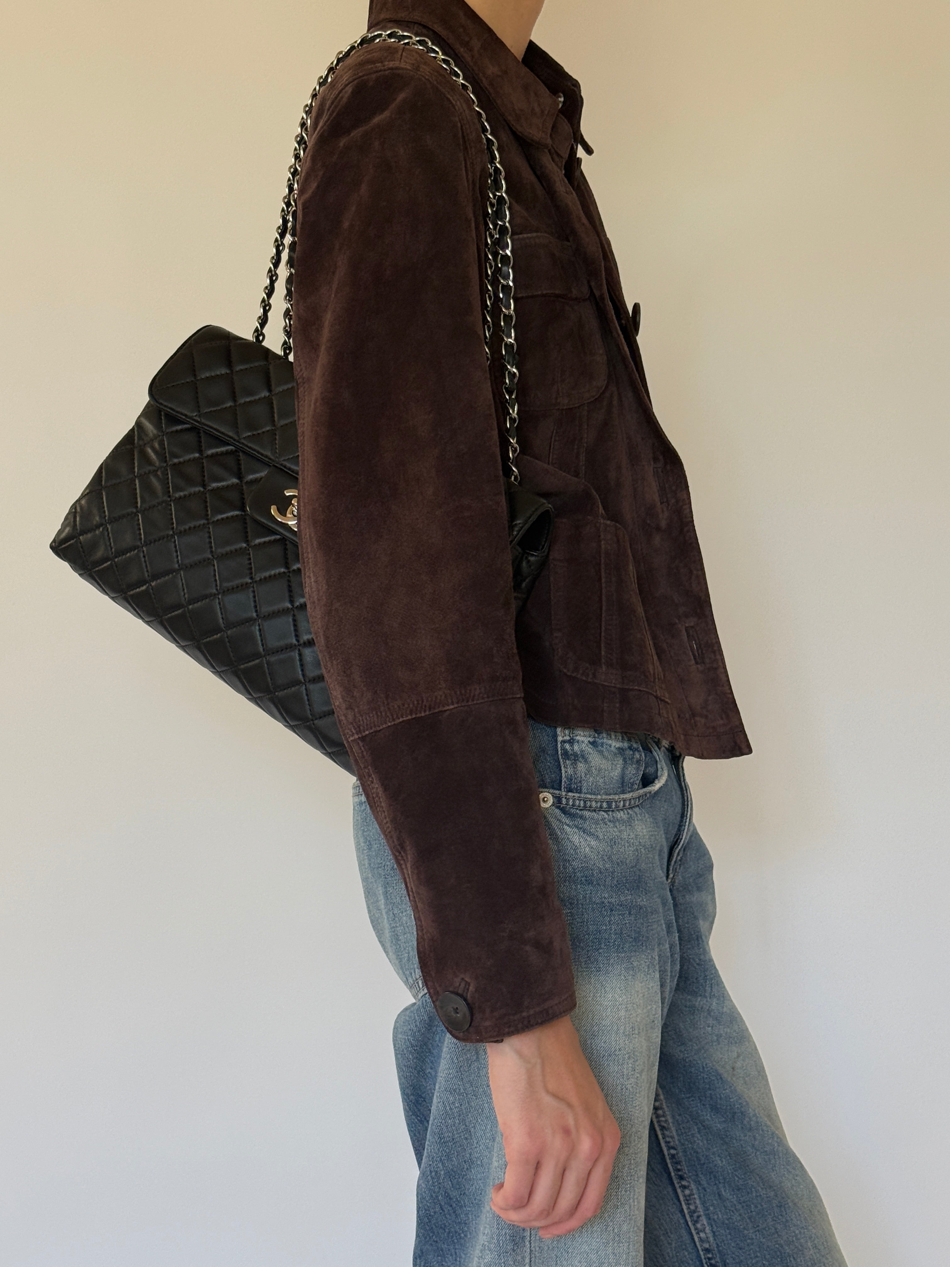 Vintage chocolate brown suede leather jacket side view