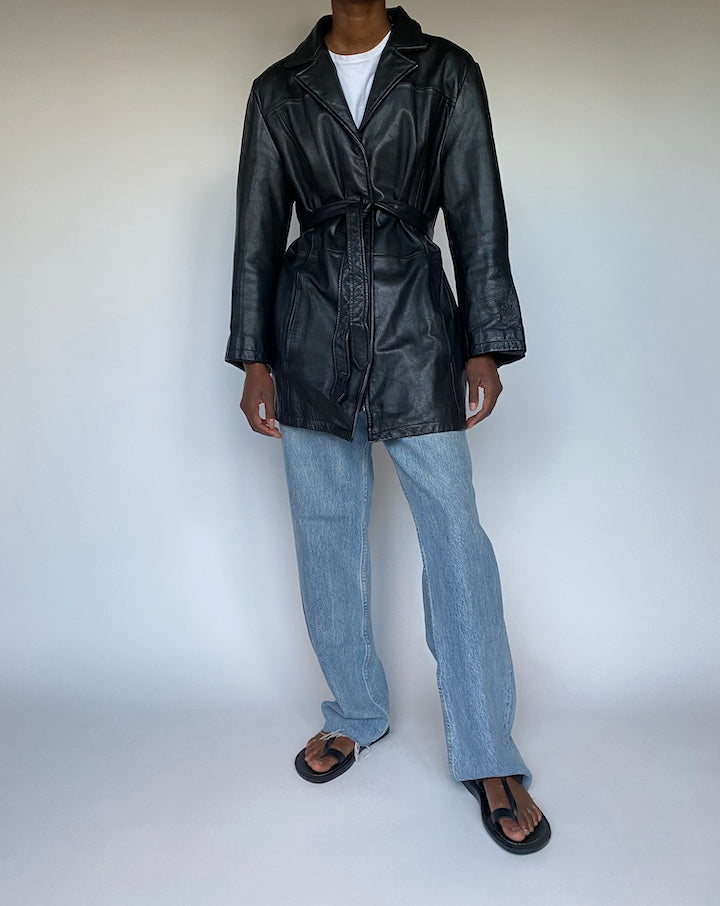VINTAGE BLACK SHORT TRENCH LEATHER JACKET 3603