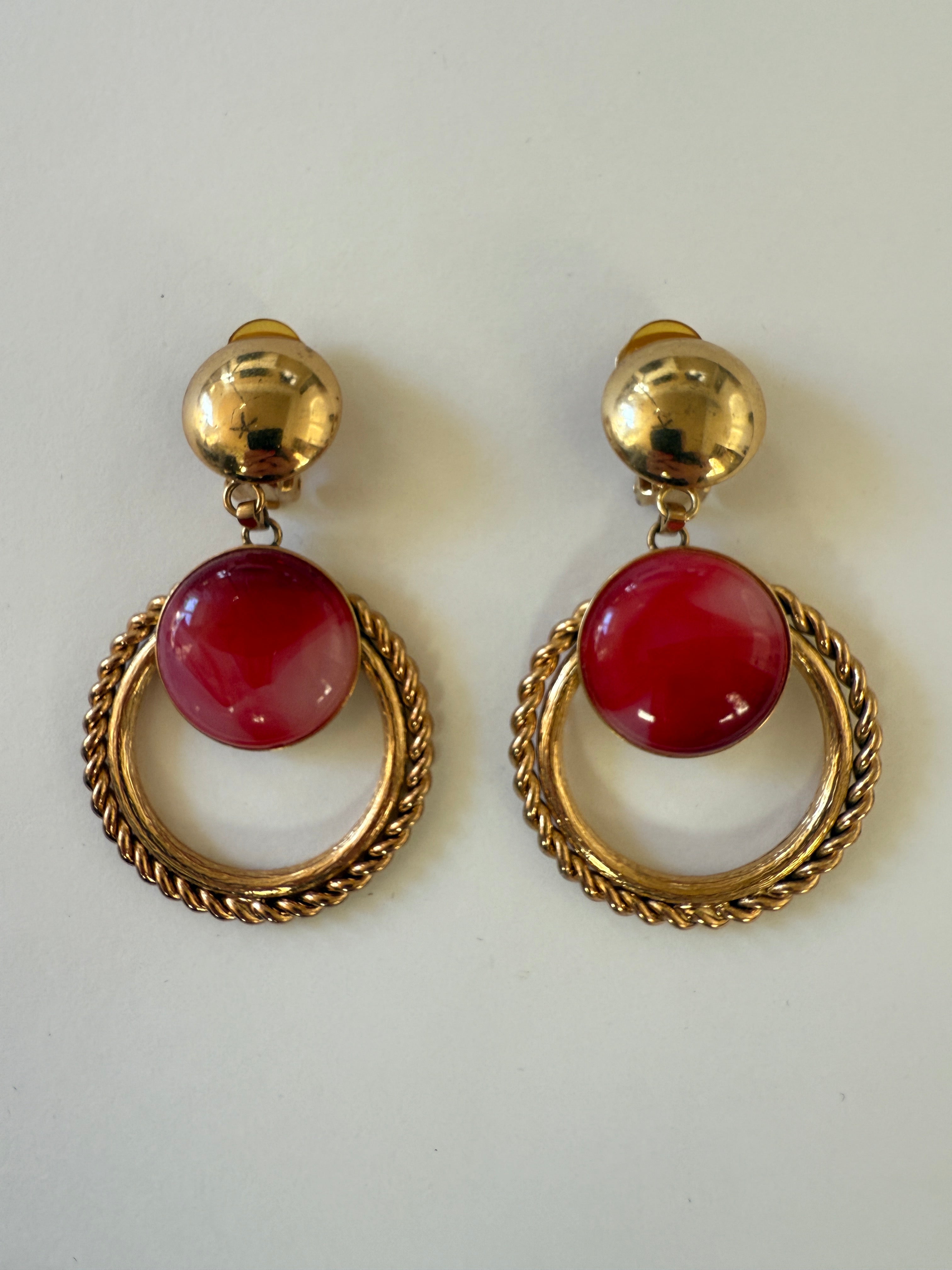 Vintage gold-tone and red clip-on earrings