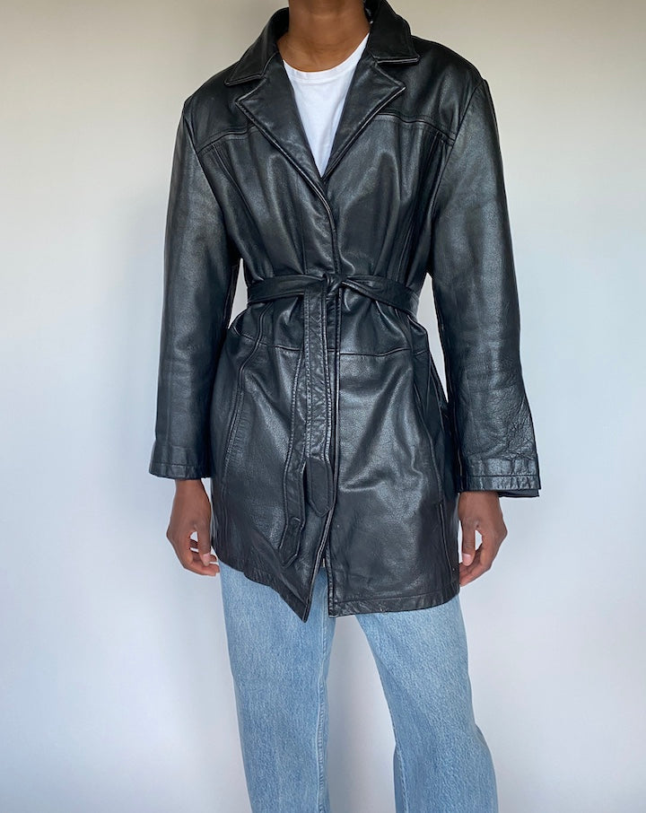 VINTAGE BLACK SHORT TRENCH LEATHER JACKET 3603