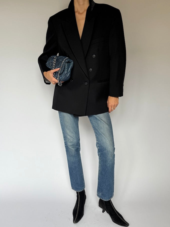 Vintage Double-Breasted Wool Blazer Black 6522