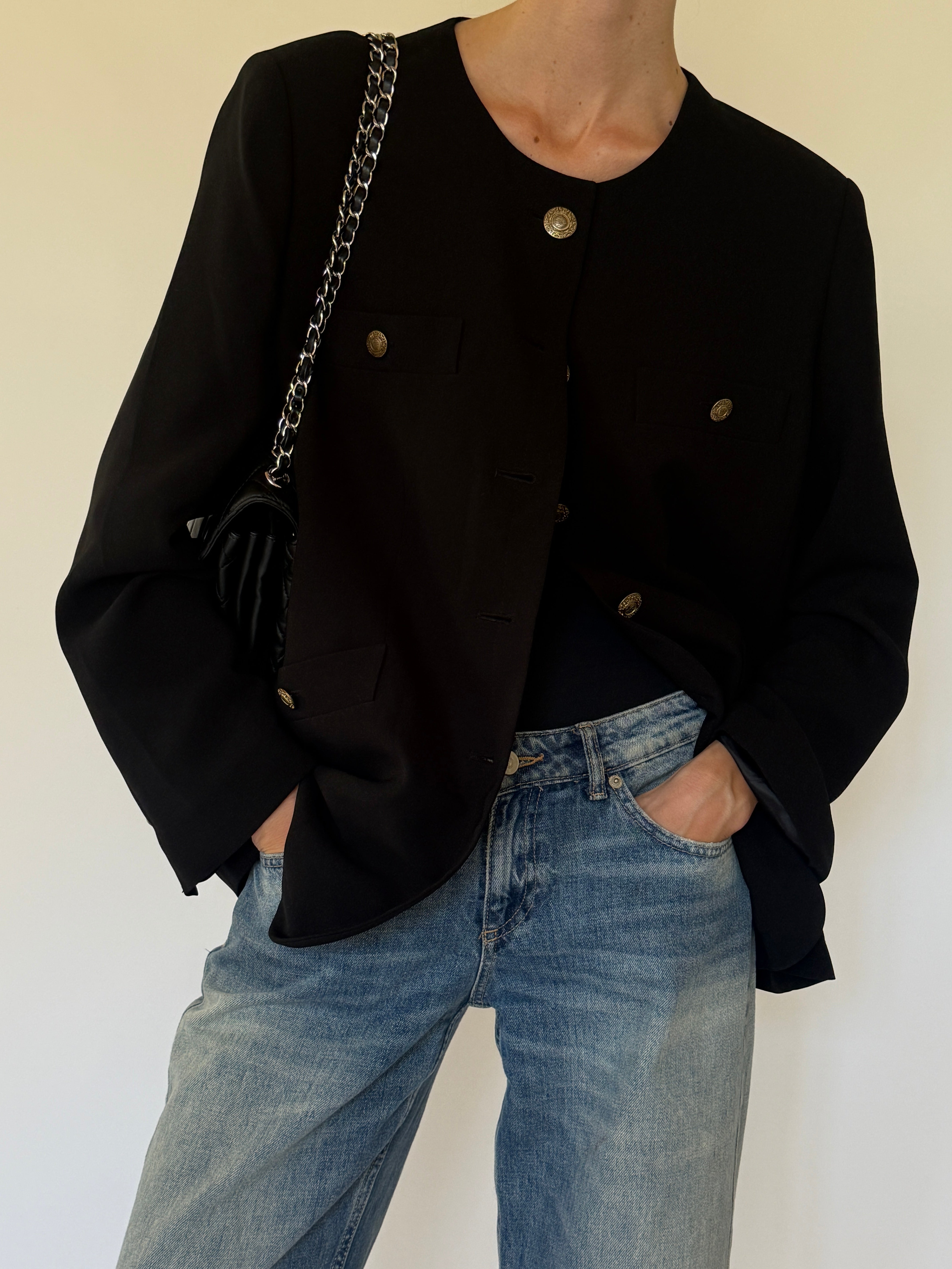 Vintage black gold button blazer front view