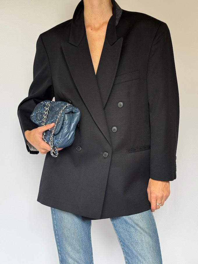 Vintage Double-Breasted Wool Blazer Black 6522