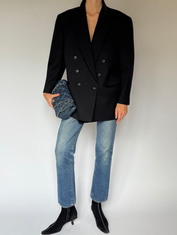 Vintage Double-Breasted Wool Blazer Black 6522