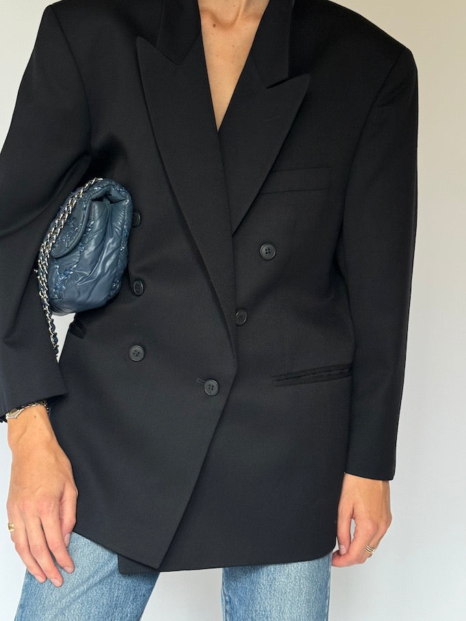 Vintage Double-Breasted Wool Blazer Black 6522