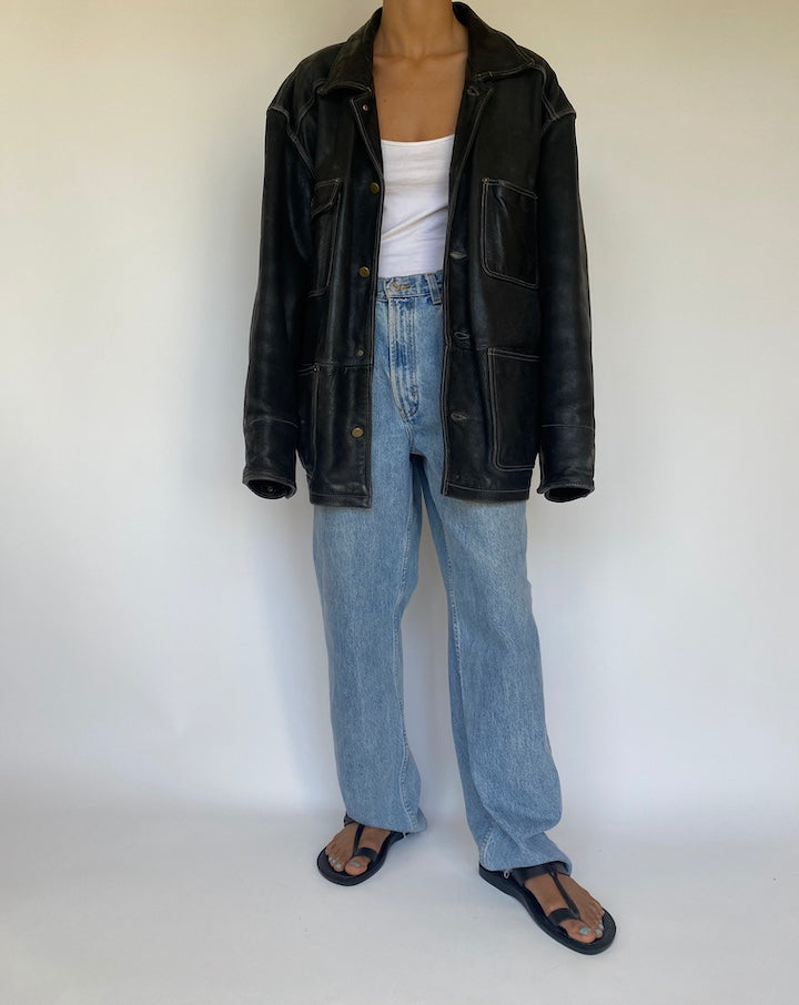 VINTAGE BLACK OVERSIZED LEATHER JACKET 3188