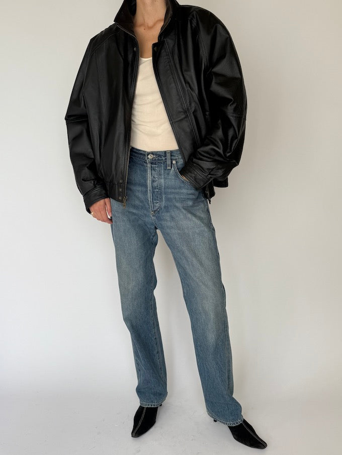 Vintage Bomber-Like Leather Jacket Black 6523