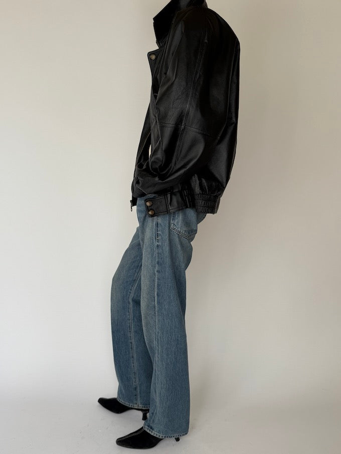 Vintage Bomber-Like Leather Jacket Black 6523