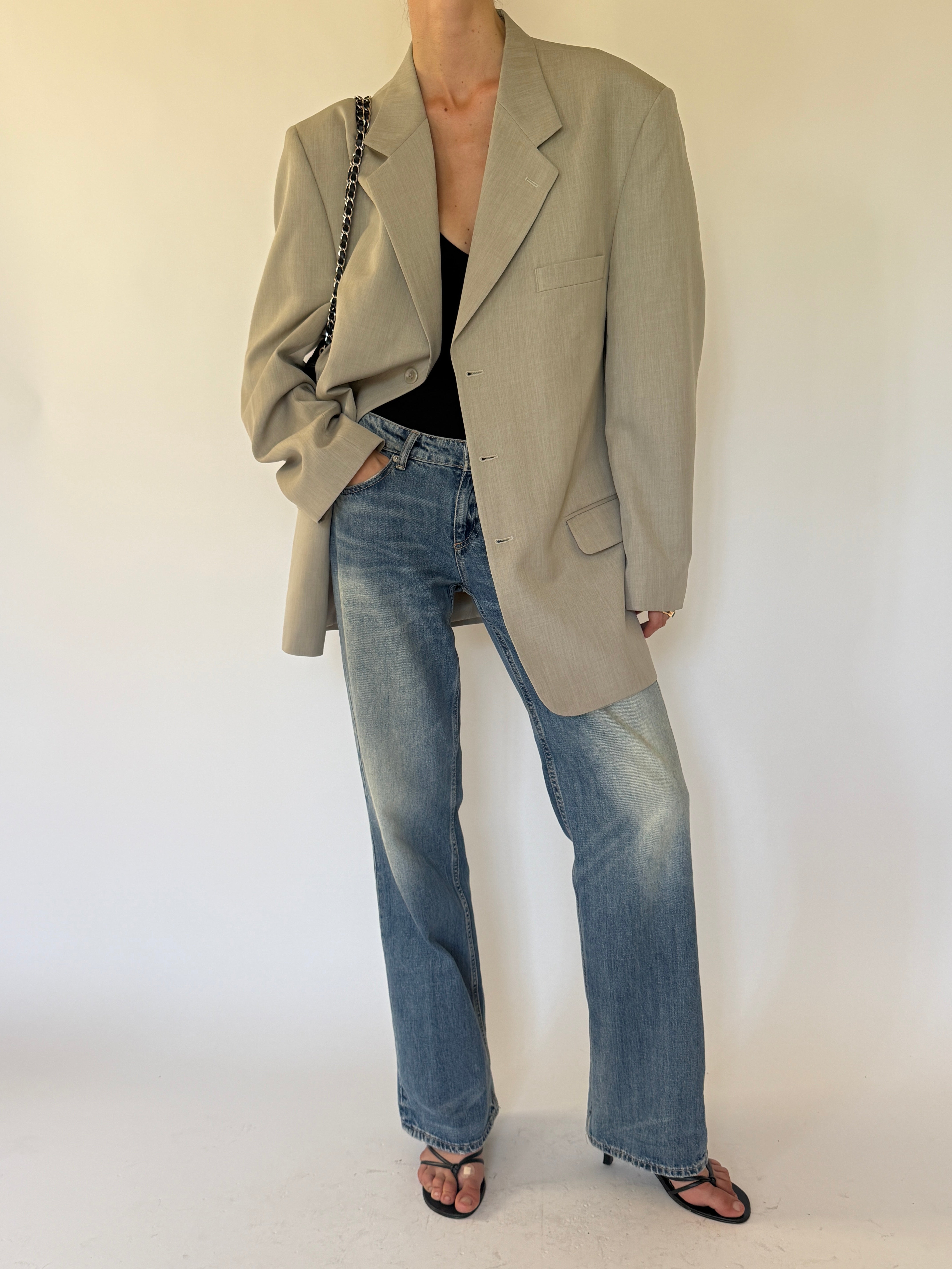 Vintage Oversized Single-Breasted Blazer Beige 7372