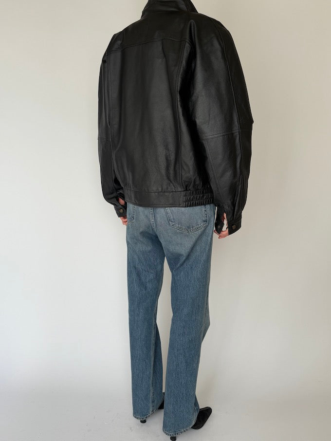 Vintage Bomber-Like Leather Jacket Black 6523