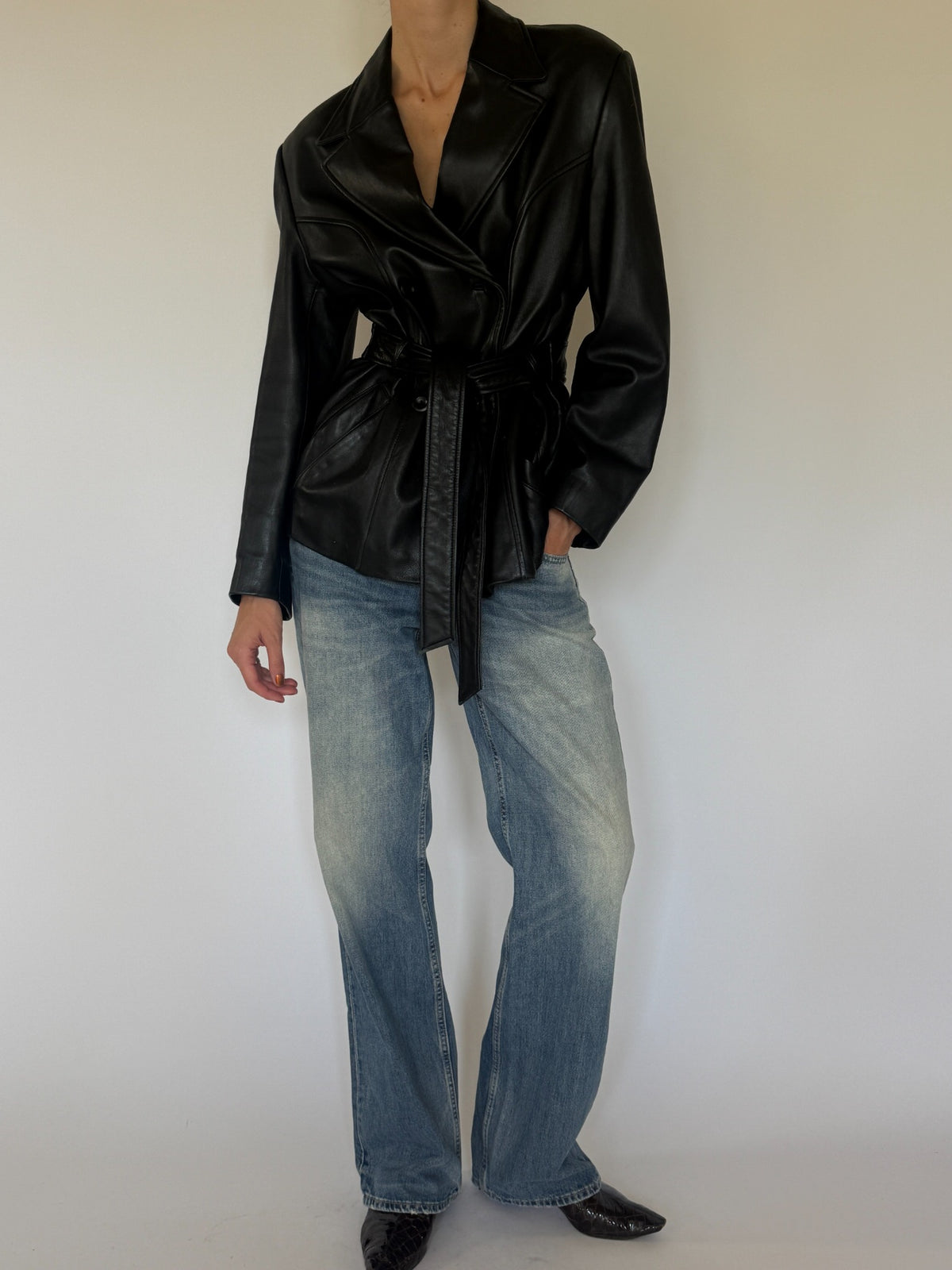 Vintage black leather belted jacket final styled angle