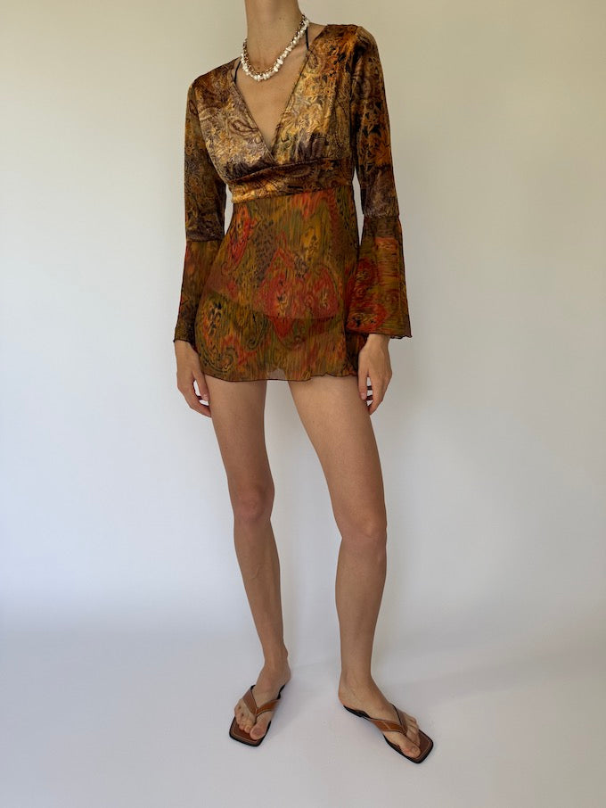 Vintage mini dress/top in earth-toned abstract print 5874