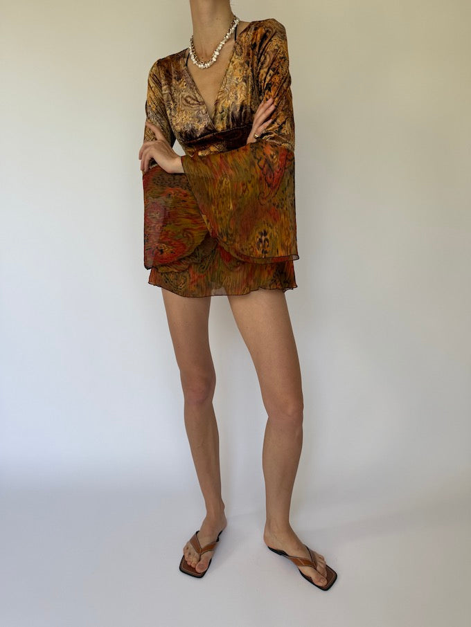 Vintage mini dress/top in earth-toned abstract print 5874