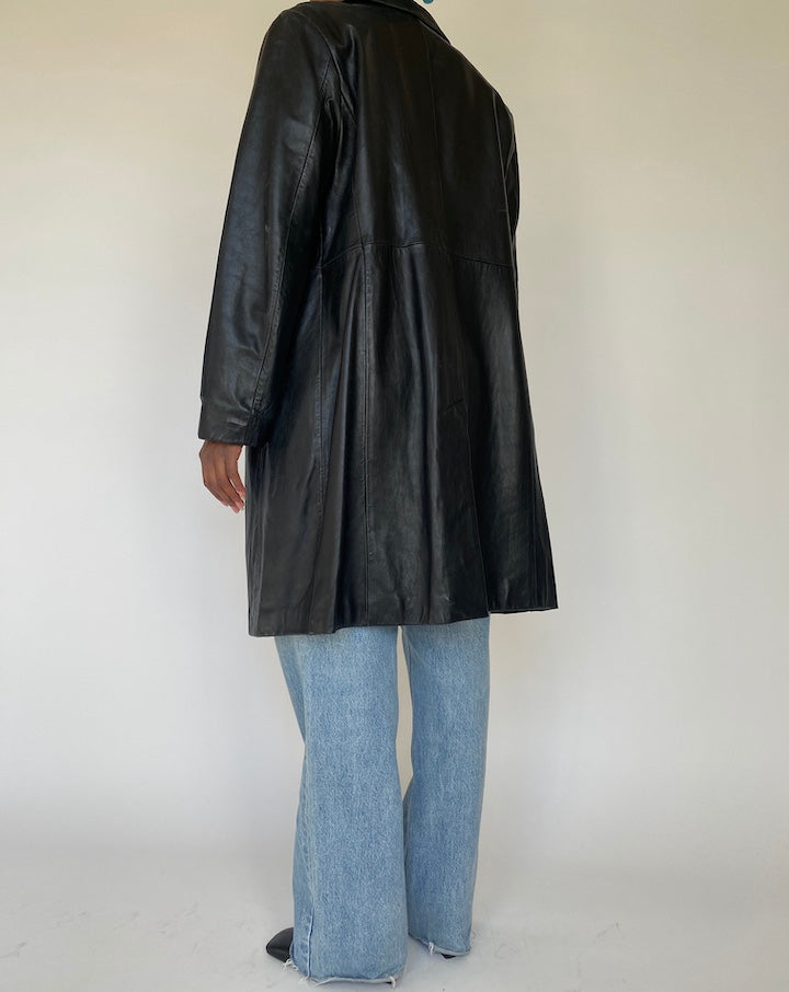 VINTAGE LONG BLACK LEATHER JACKET 4113