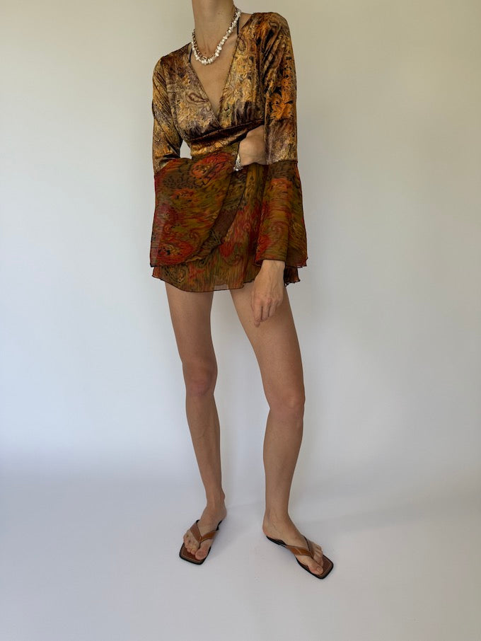 Vintage mini dress/top in earth-toned abstract print 5874