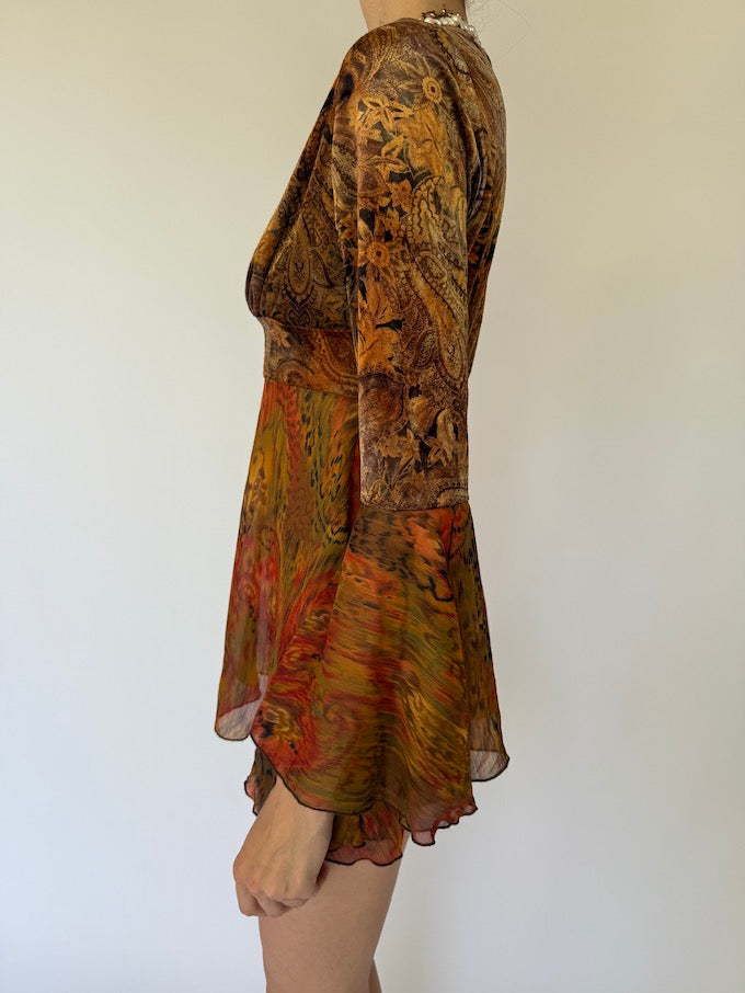 Vintage mini dress/top in earth-toned abstract print 5874