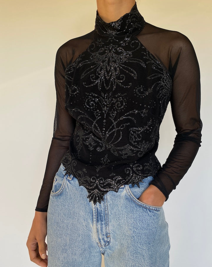 VINTAGE BLACK BEADED TOP 2673