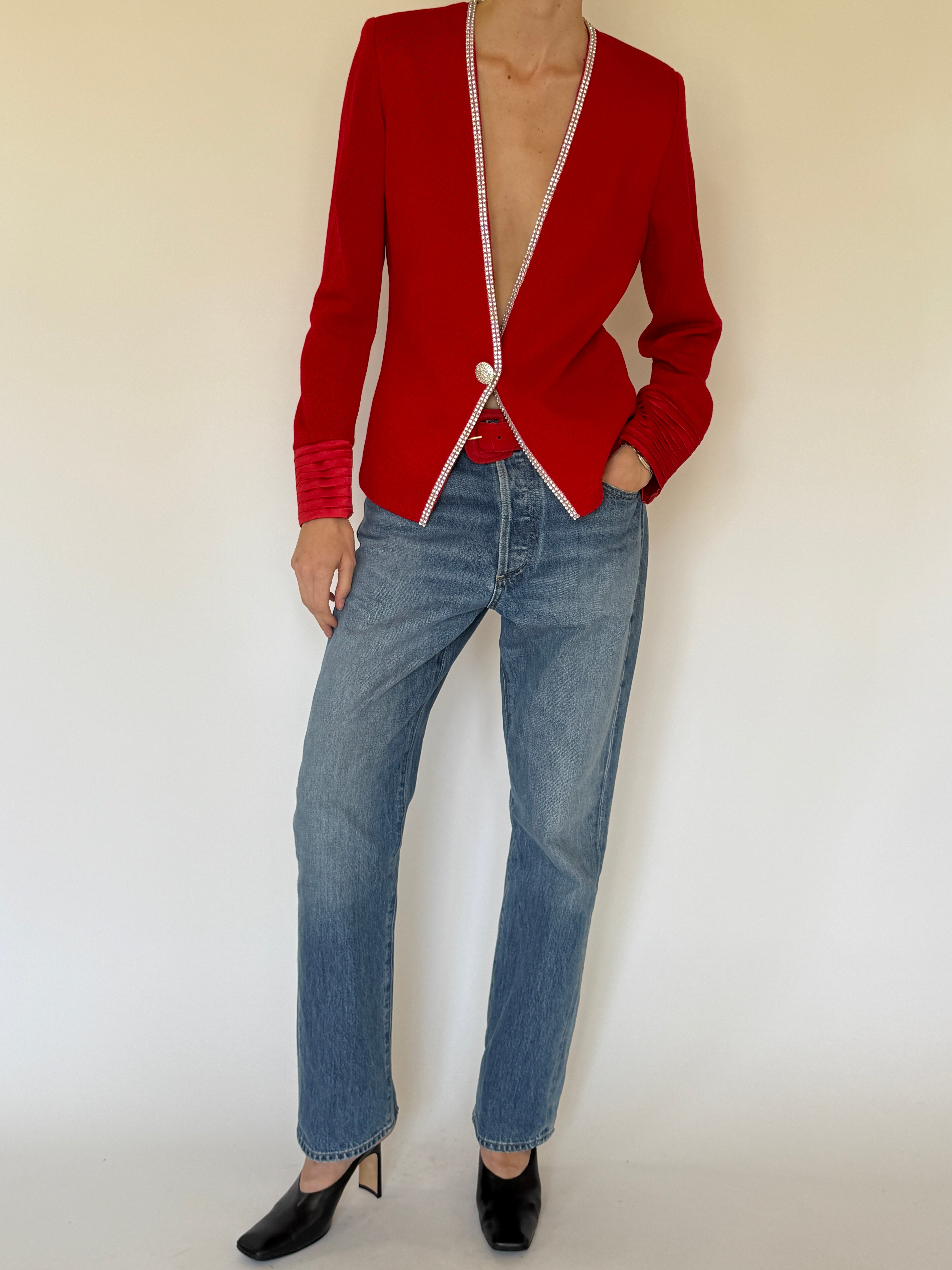 Vintage red rhinestone knit cardigan front view