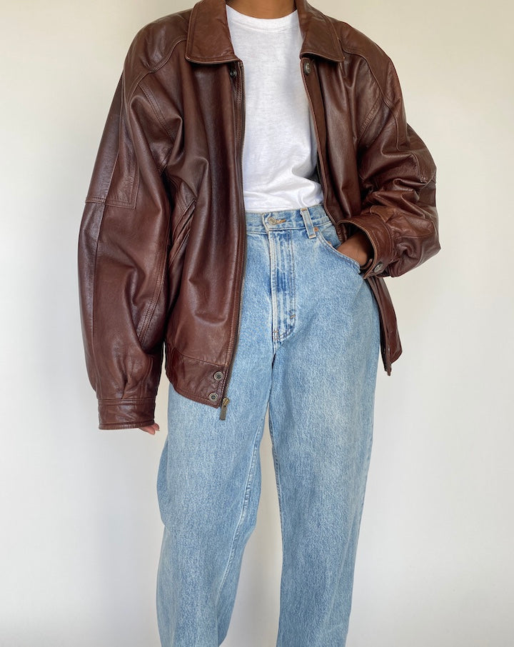 VINTAGE OVERSIZED BOXY BROWN LEATHER JACKET 4115