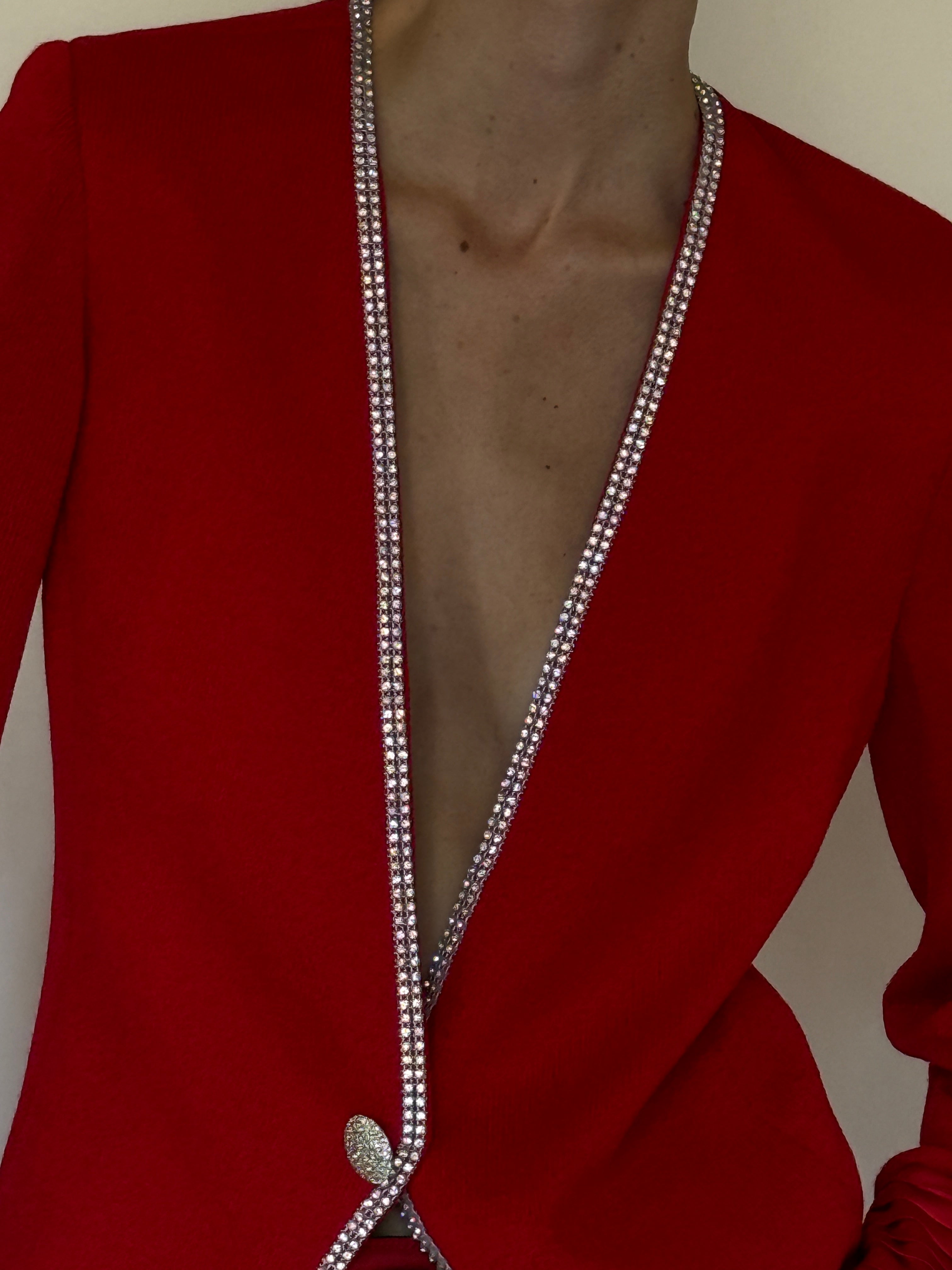 Vintage red rhinestone knit cardigan front view
