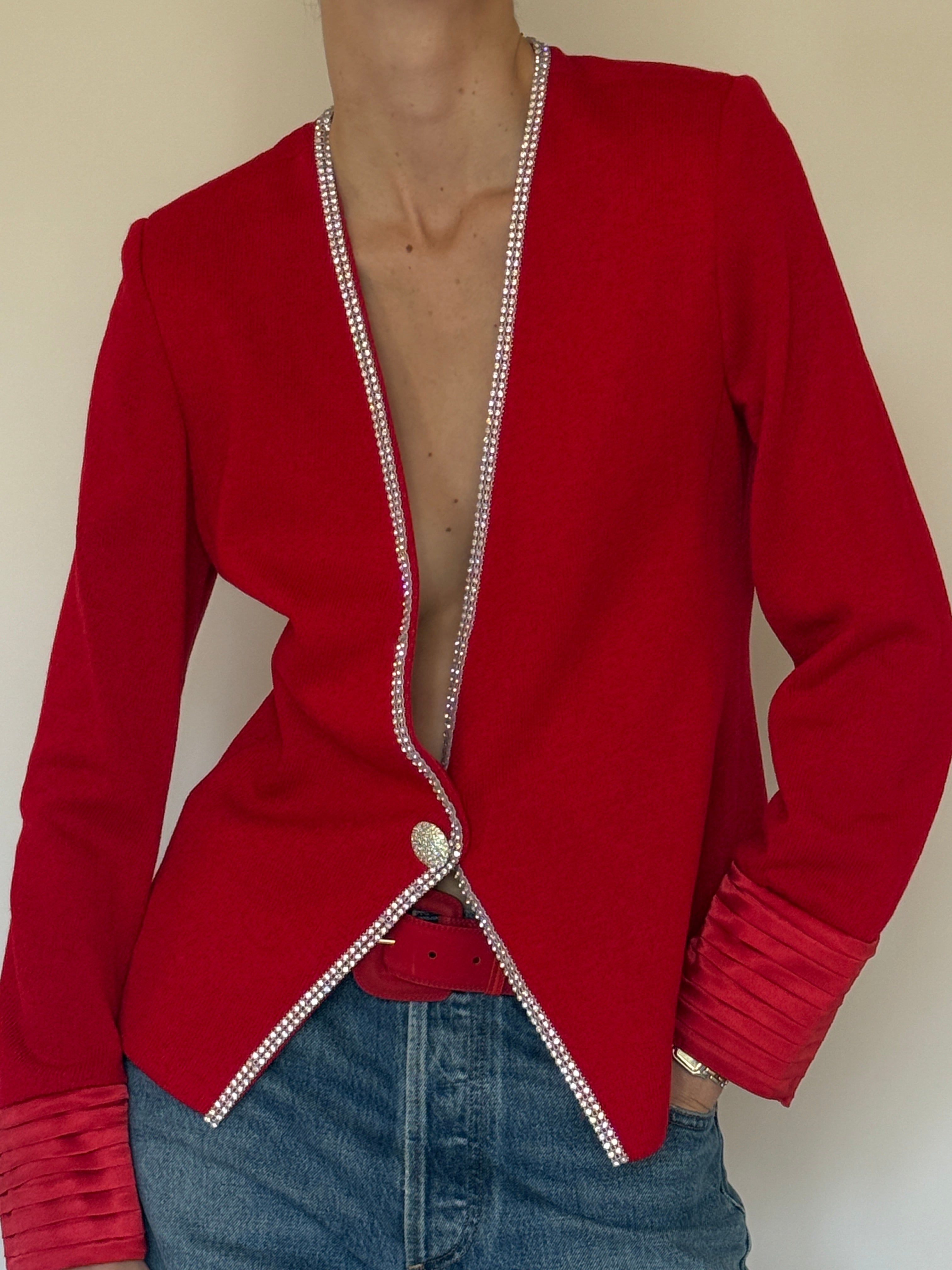 Vintage red rhinestone knit cardigan front view
