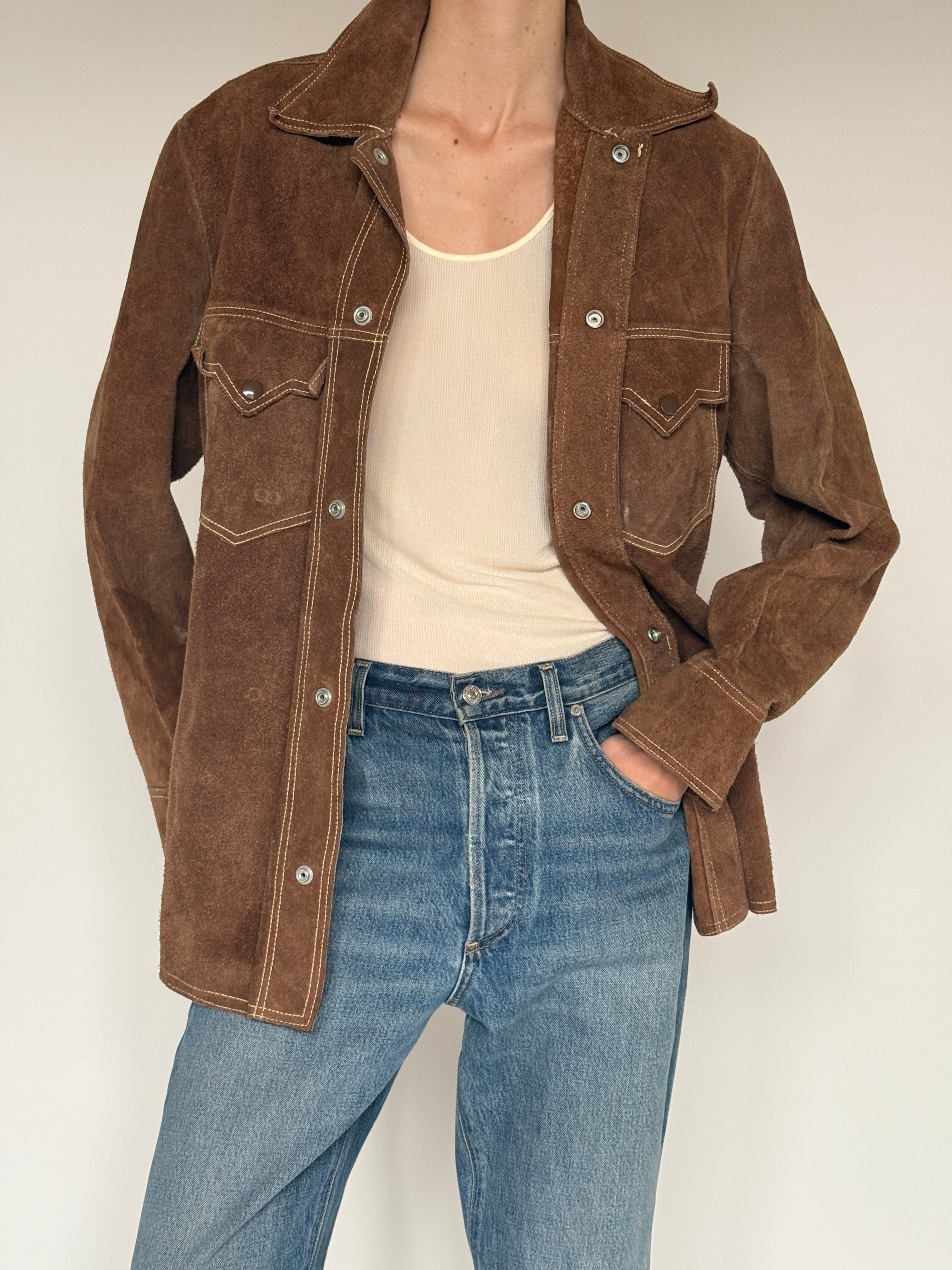 Vintage suede western shirt jacket brown chest pocket detail
