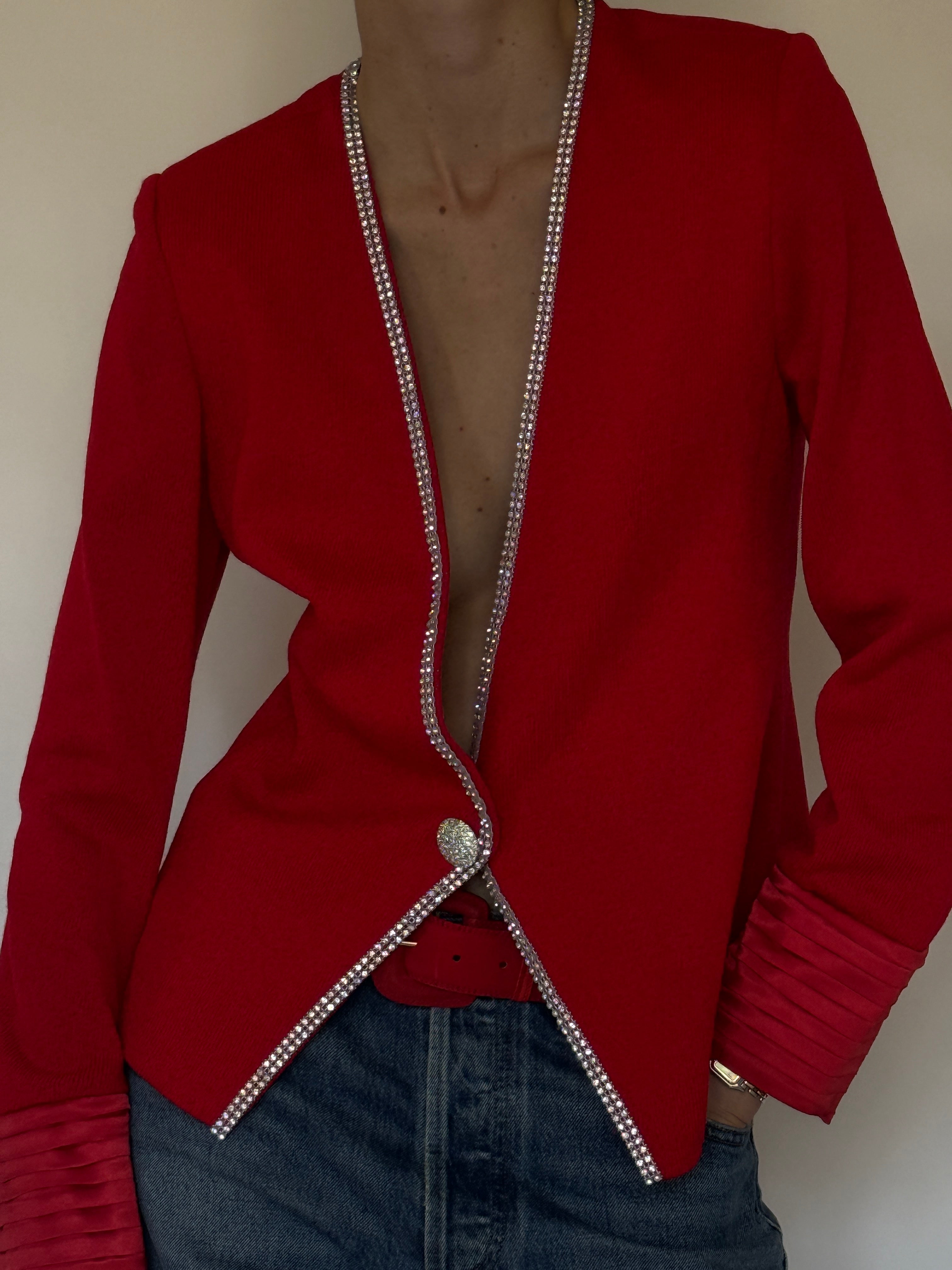 Vintage red rhinestone knit cardigan front view