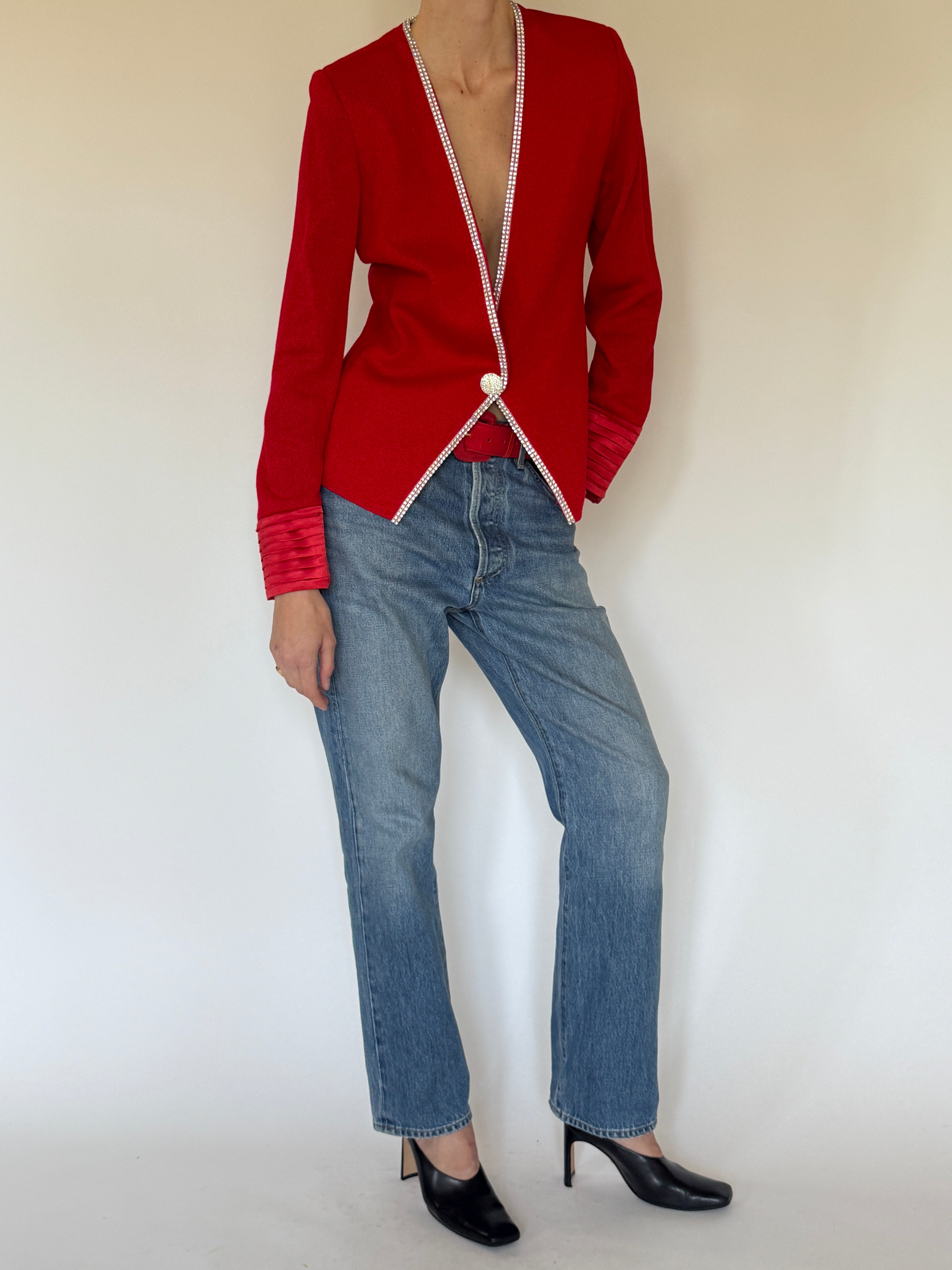 Vintage red rhinestone knit cardigan front view
