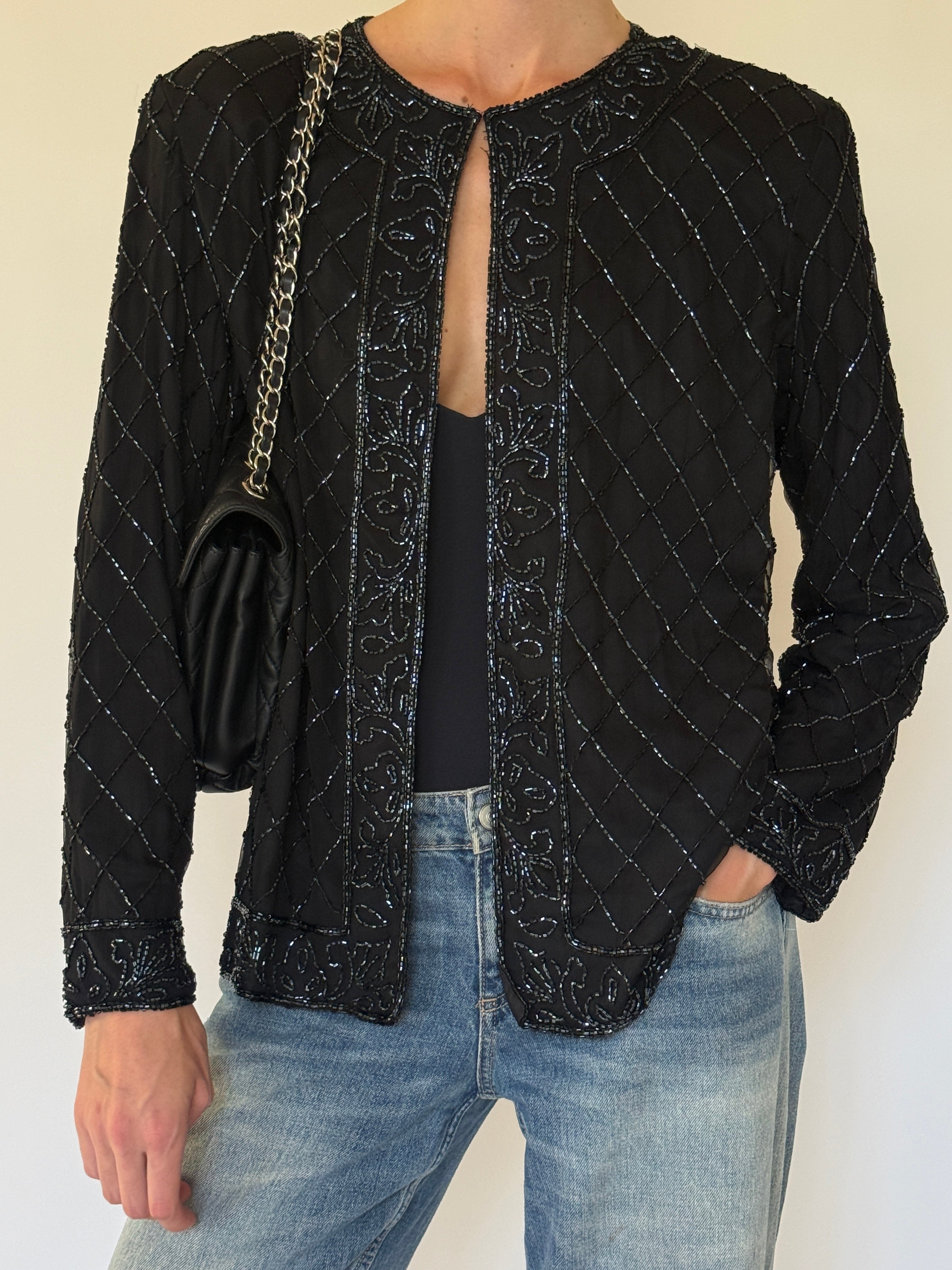 Vintage black silk beaded evening jacket front view