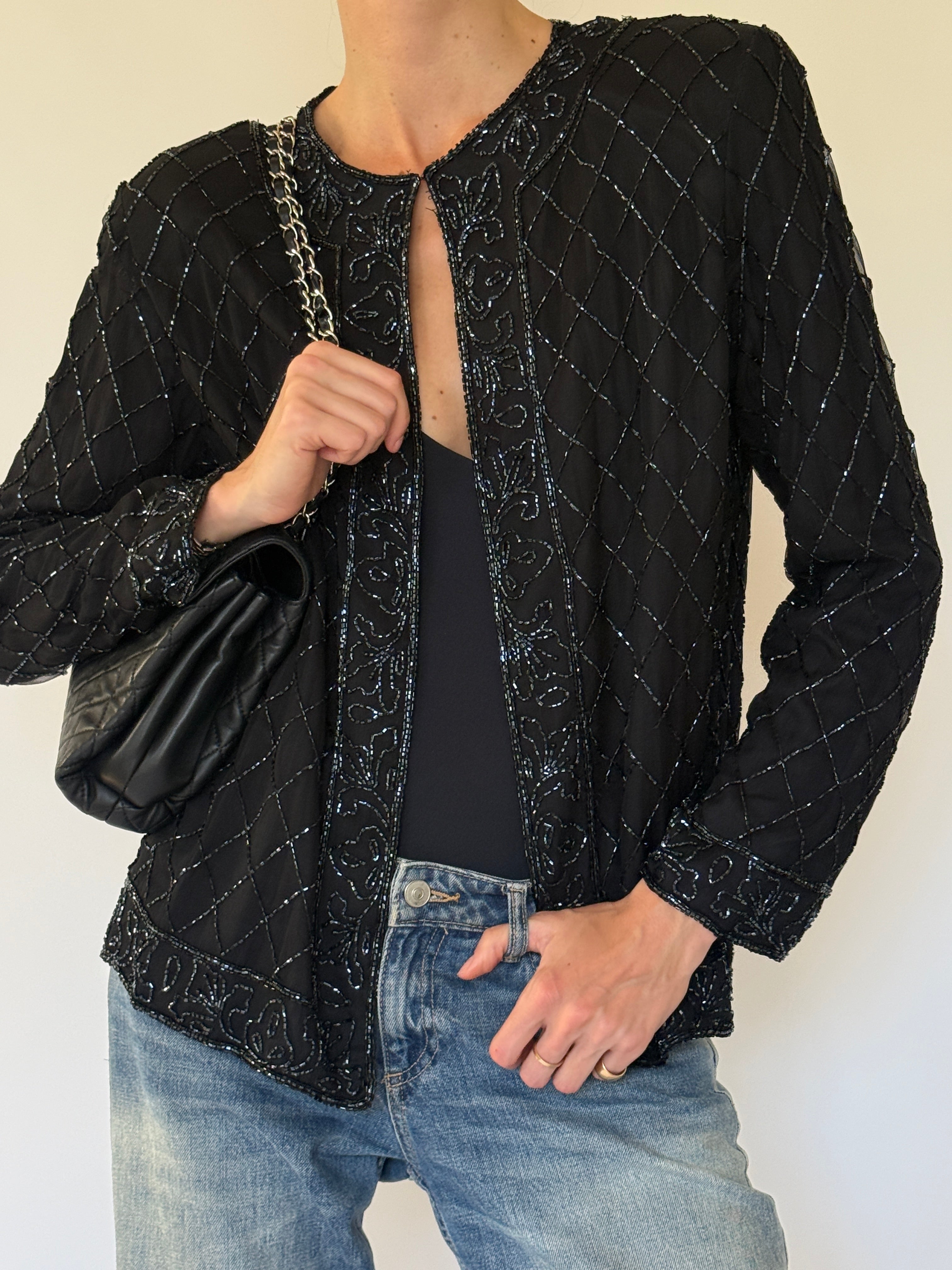 Vintage black silk beaded evening jacket front view