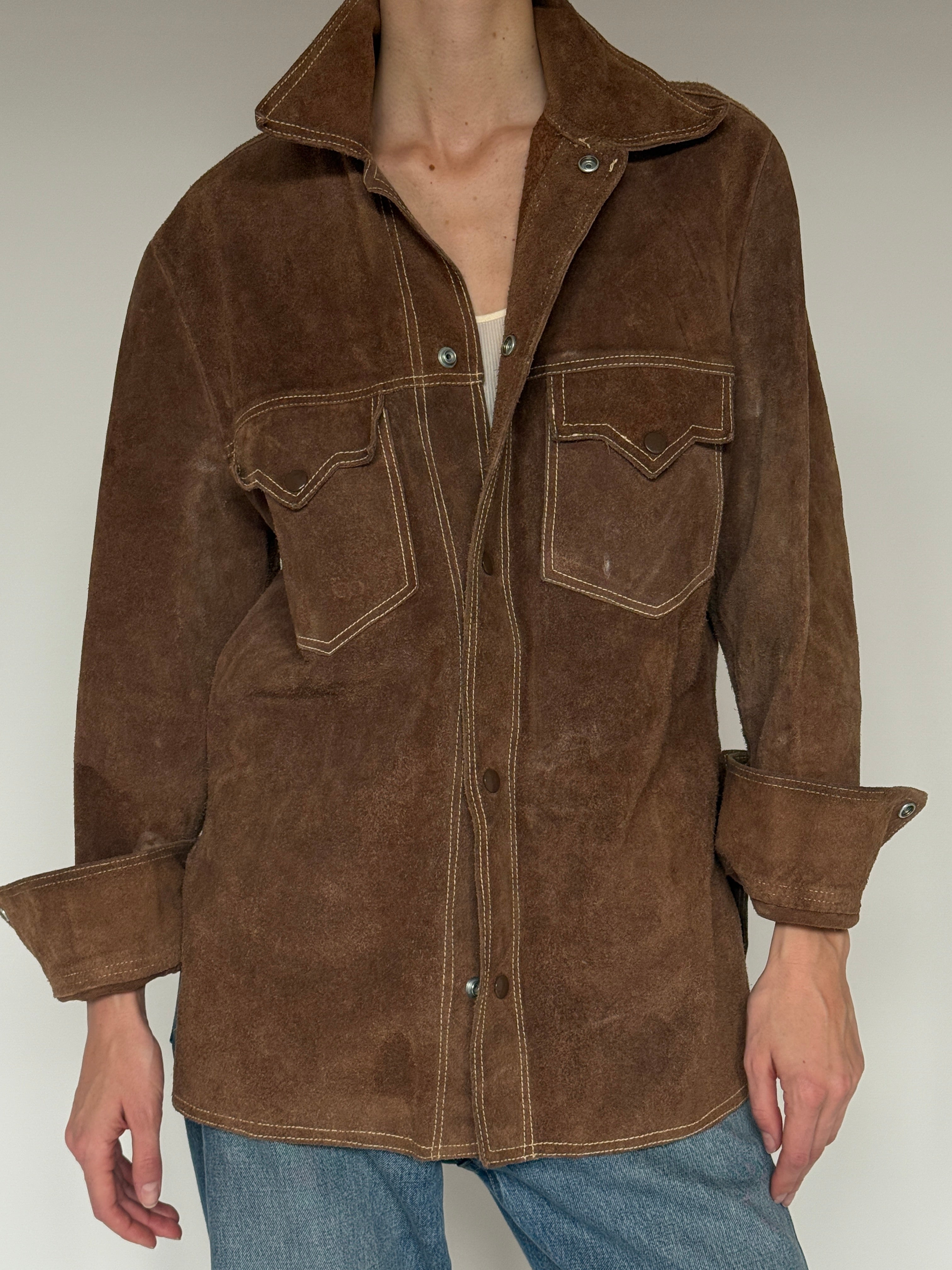 Vintage brown suede western shirt jacket front view