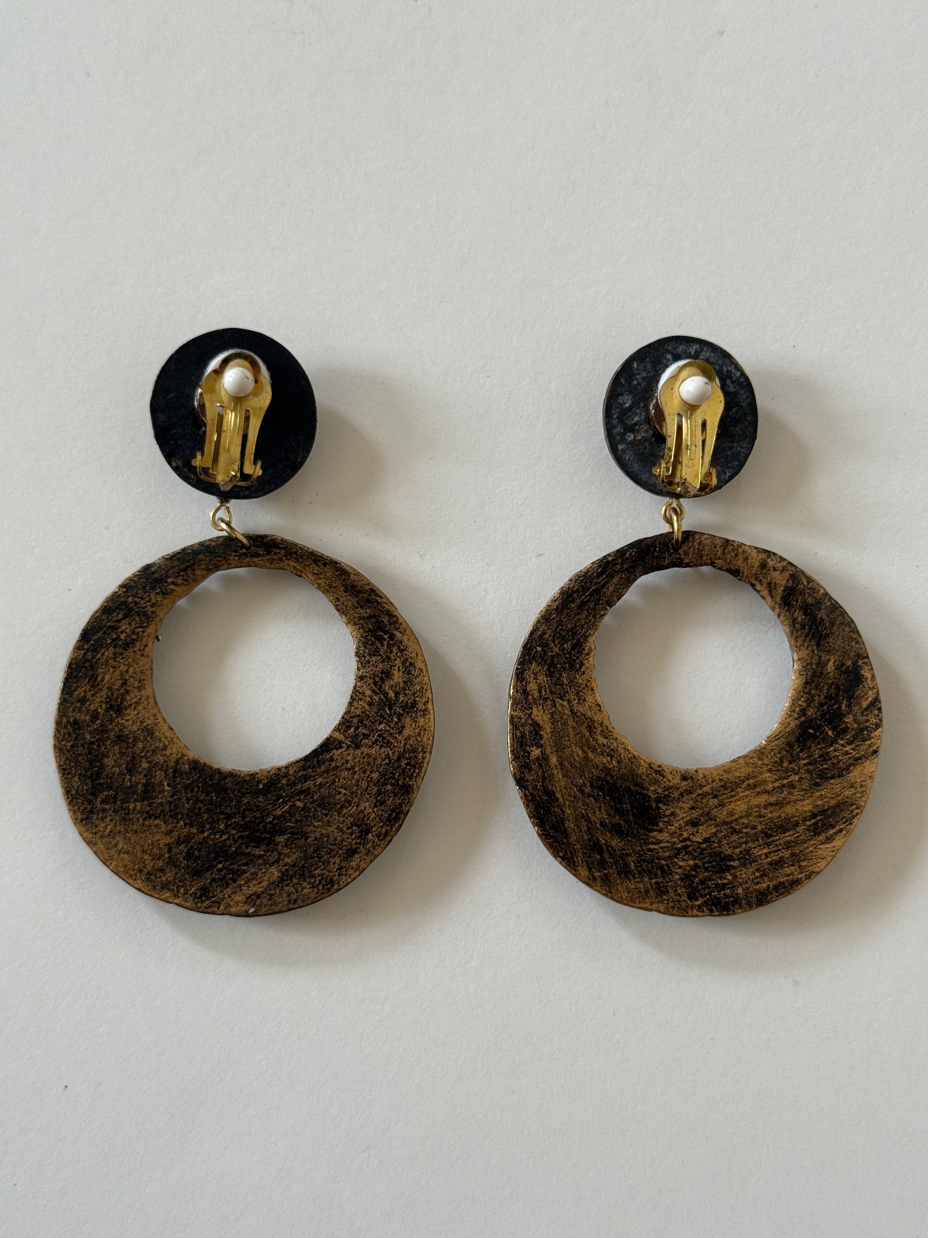 Vintage Antiqued Gold Embossed Hoop Clip-On Earrings