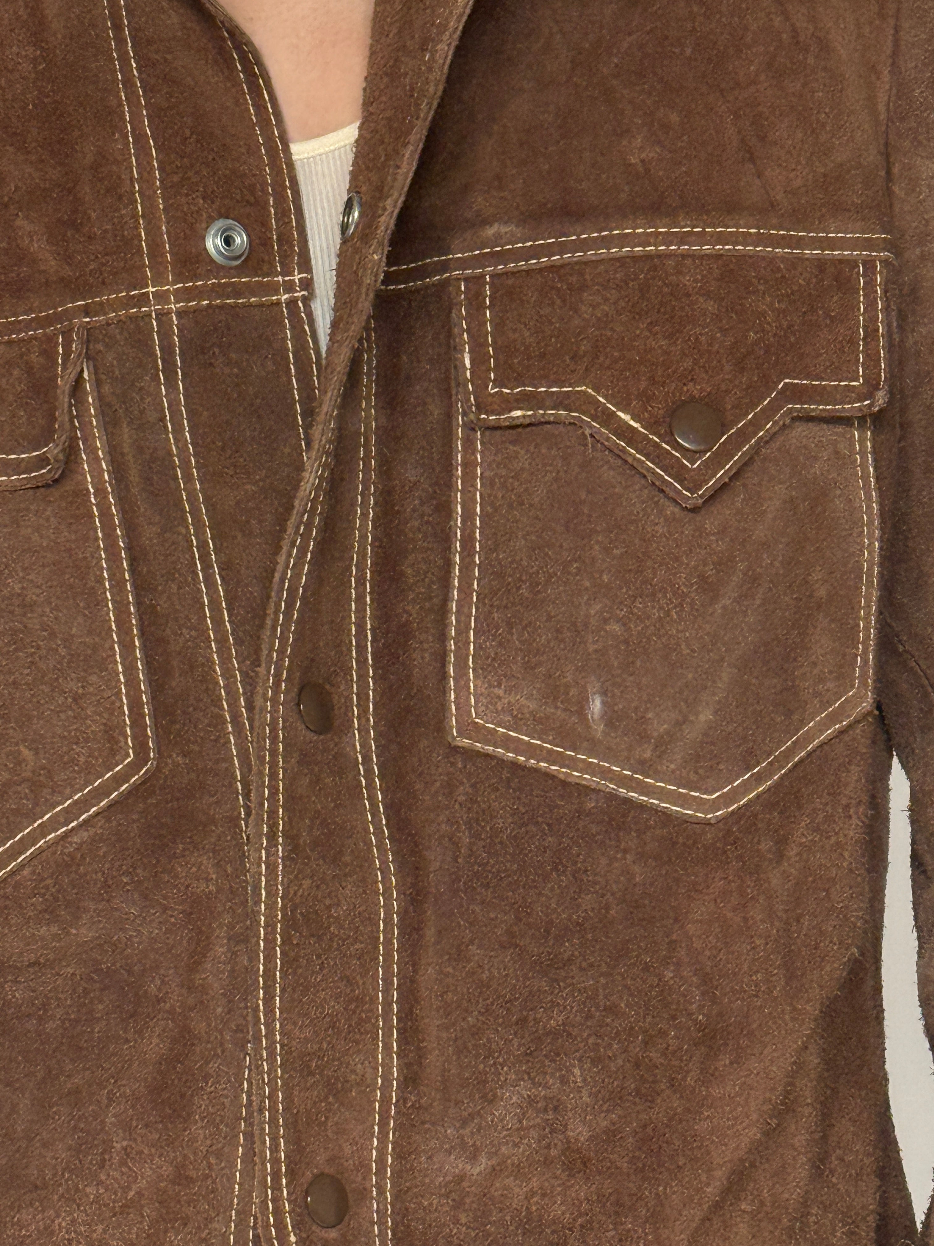Vintage suede western shirt jacket brown fabric close-up